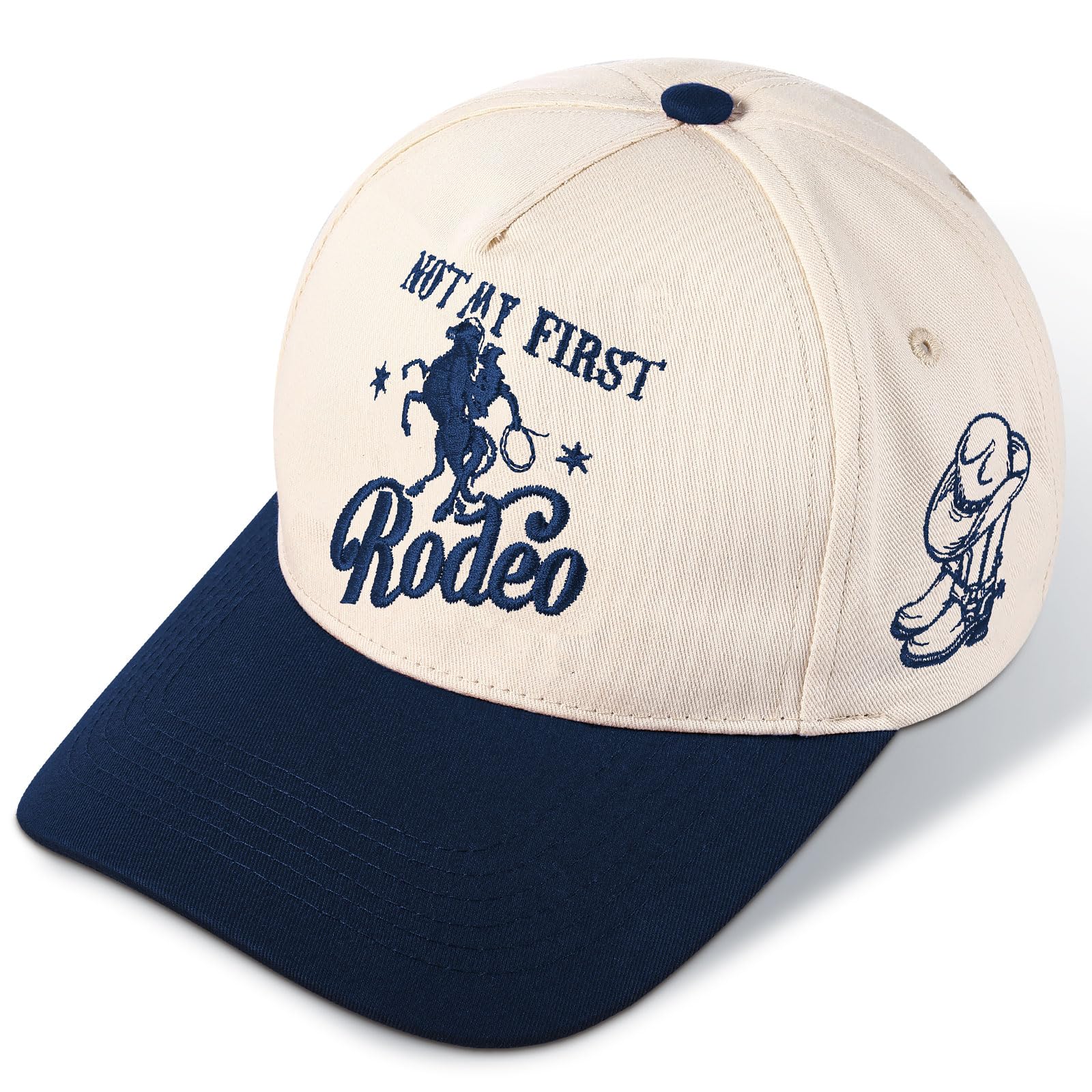 Photo 1 of JaGely Two Tone Western Trucker Hat for Women Men Gift Vintage Cowboy Cowgirl Baseball Hat Retro Embroidered Country Cap(Navy Blue,Not My First Rodeo)