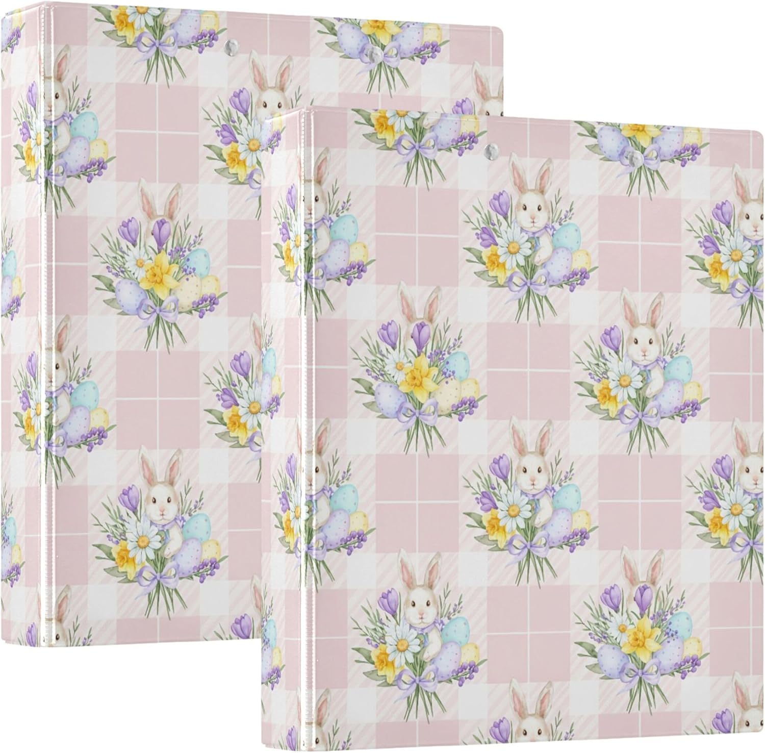 Easter Bunny Bouquet 3 Ring Binders, 1.5” Round Ring Binders with Clipboard - Letter Size, 3 Interior PVC Clear Pockets & Anti-Slip Clip for Office School Supplies, 2PCS