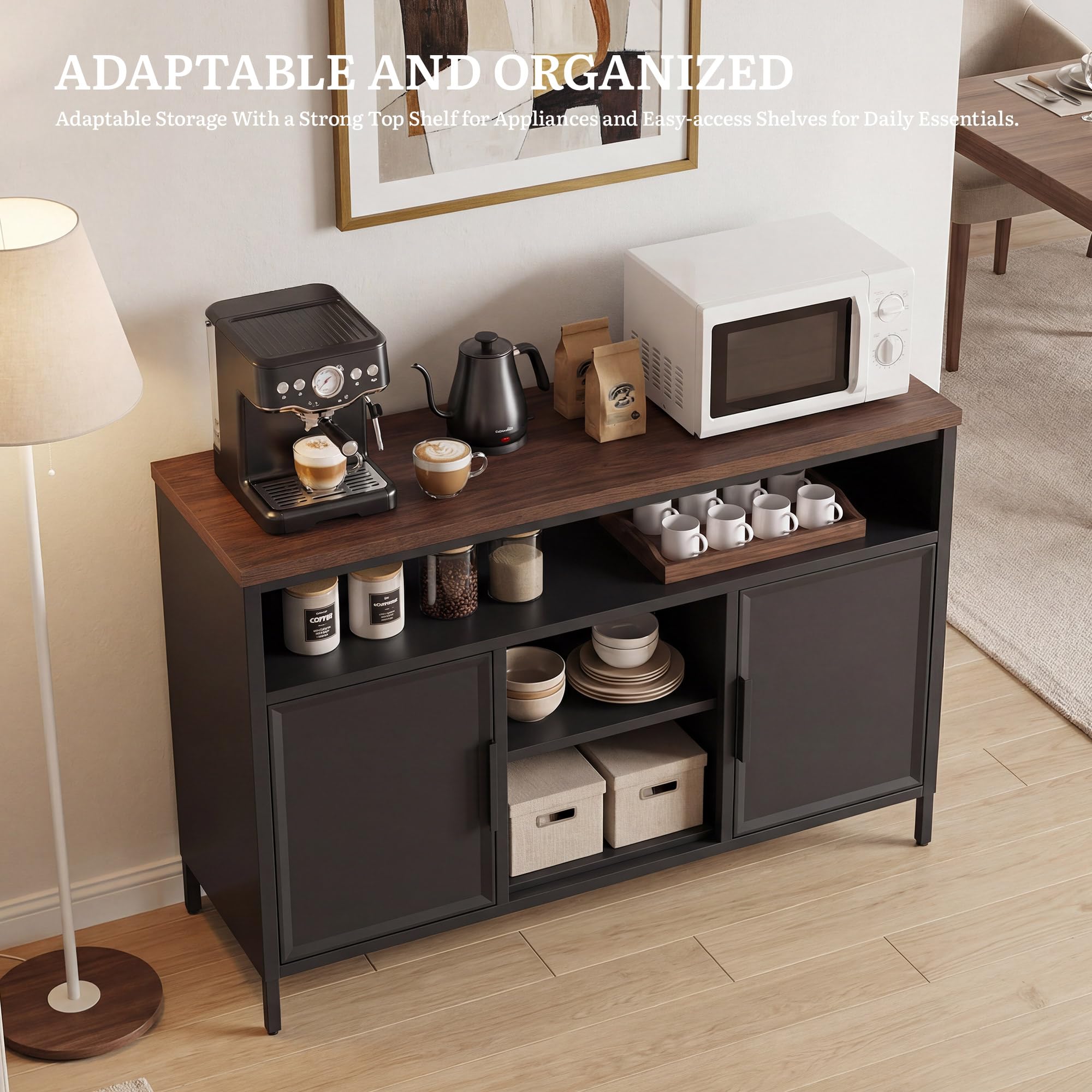 YITAHOME Armadietto in metallo, credenza, con ante simmetriche, chiusura magnetica, ripiani regolabili, telaio in acciaio, 108 x 40 x 75 cm, custodia nera + piano di lavoro in noce