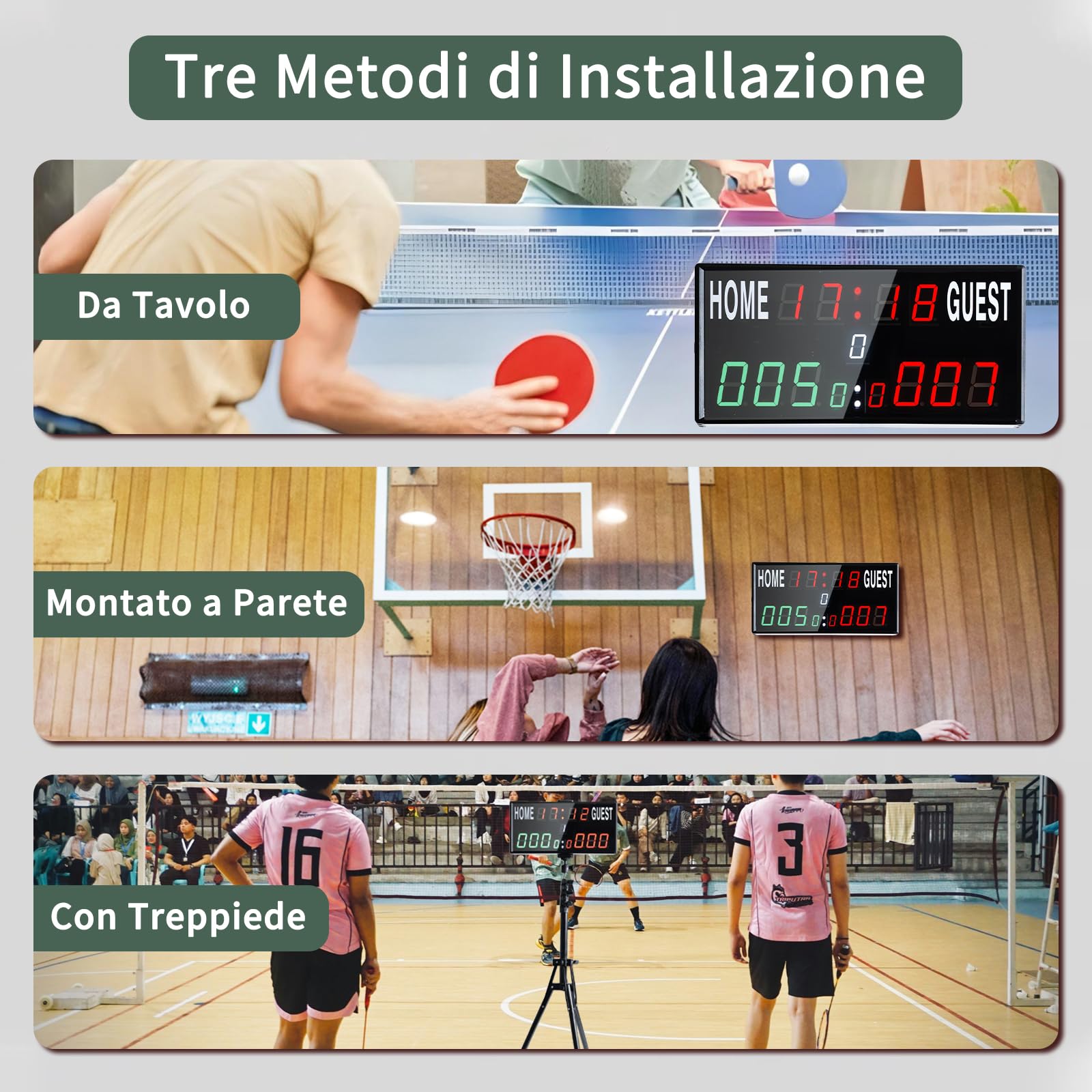 Tabellone Segnapunti Elettronico Portatile, 13 Cifre per Basket con Orologio, Gioco Tennis con Conto alla Rovescia/Crescente, LED Scoreboard per Pallavolo, Cornhole, Badminton