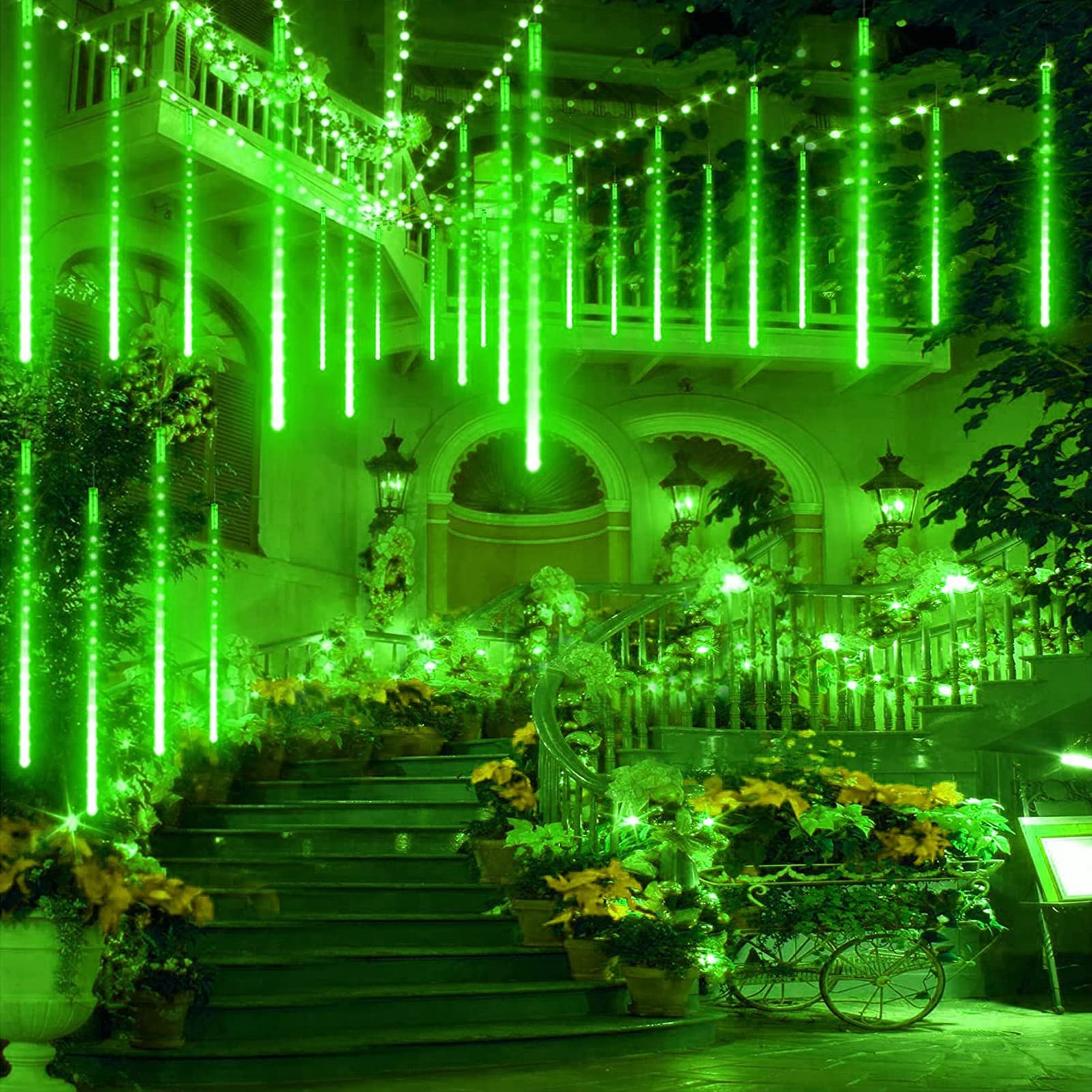 SCOZIA Cadena de Luces LED Que Caen Nieve 80 cm 8 Tubos 576 LED IP65 Cadena de carámbanos a Prueba de Agua Luces de Lluvia de Lluvia de meteoritos para decoración navideña, Boda, Fiesta, Verde