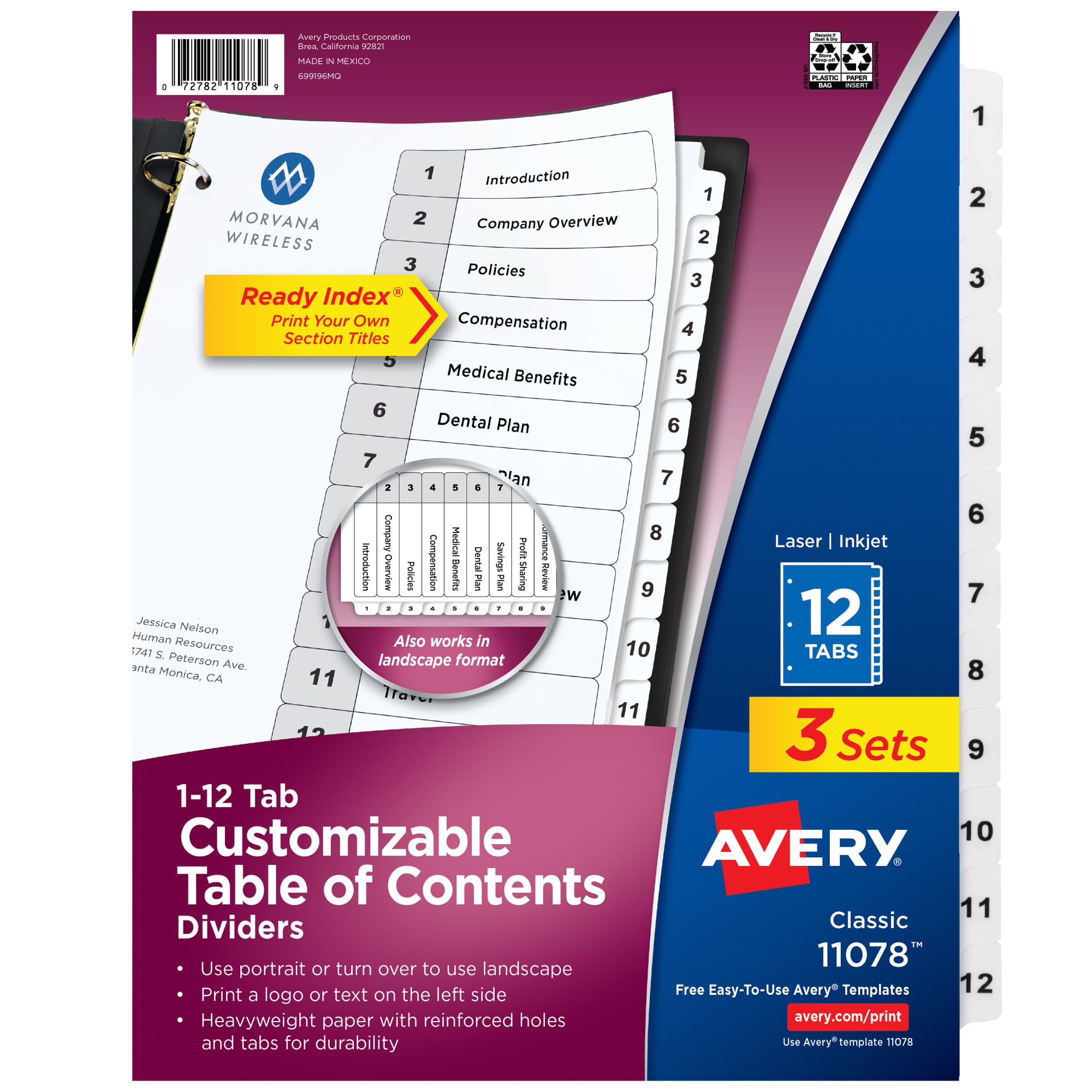 Avery 3 Halkalı Bağlayıcılar için 12 Sekme Bölücü, Özelleştirilebilir İçindekiler Tablosu, Klasik Beyaz Sekmeler, 3 Set (11078)