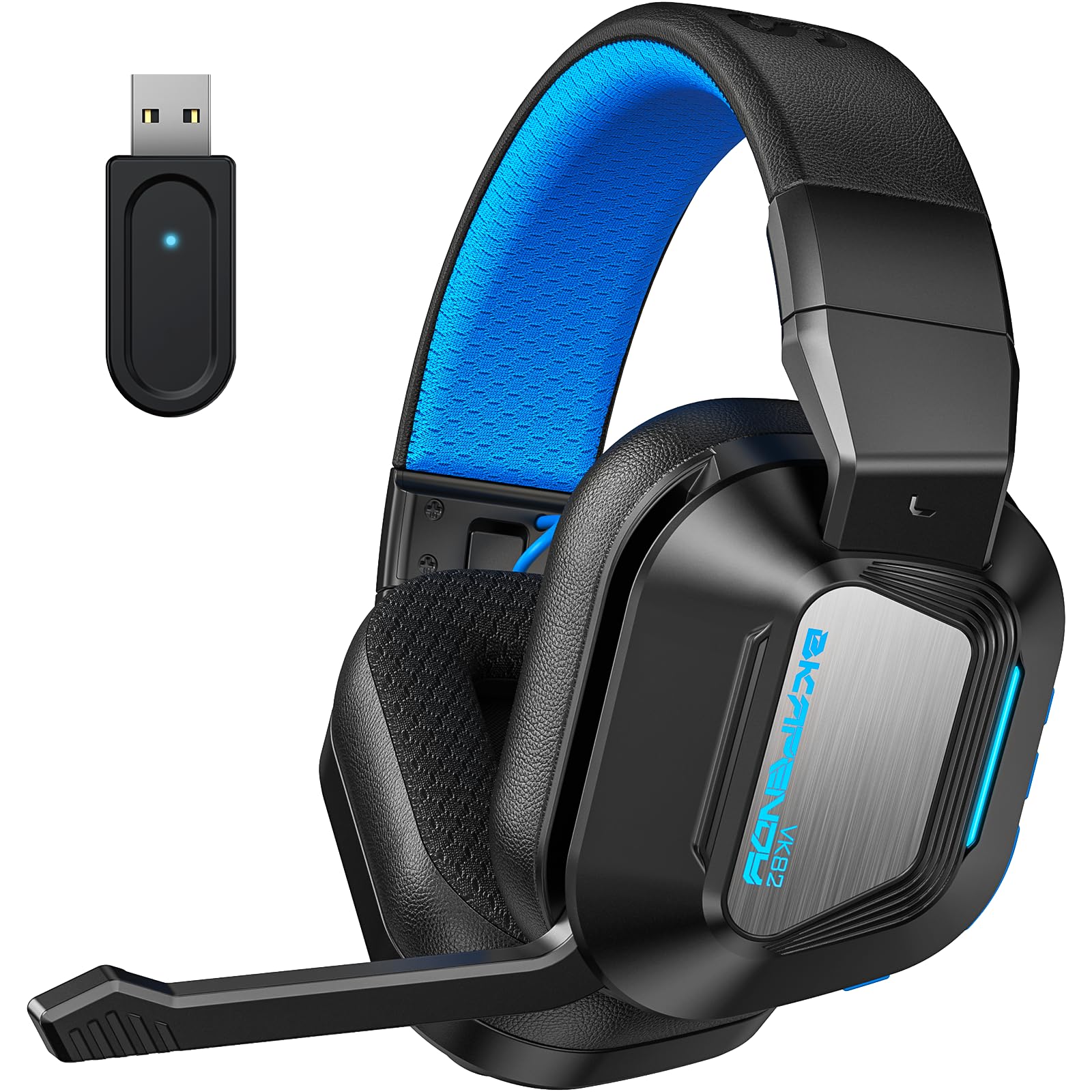 VK82 Cascos Gaming Inalambricos con Micrófono Reducción De Ruido, Cascos Wireless de 2.4G & Bluetooth 5.4, Auriculares Gaming con Luces LED para Ps5, Ps4, PC, Switch (Negro Azul)