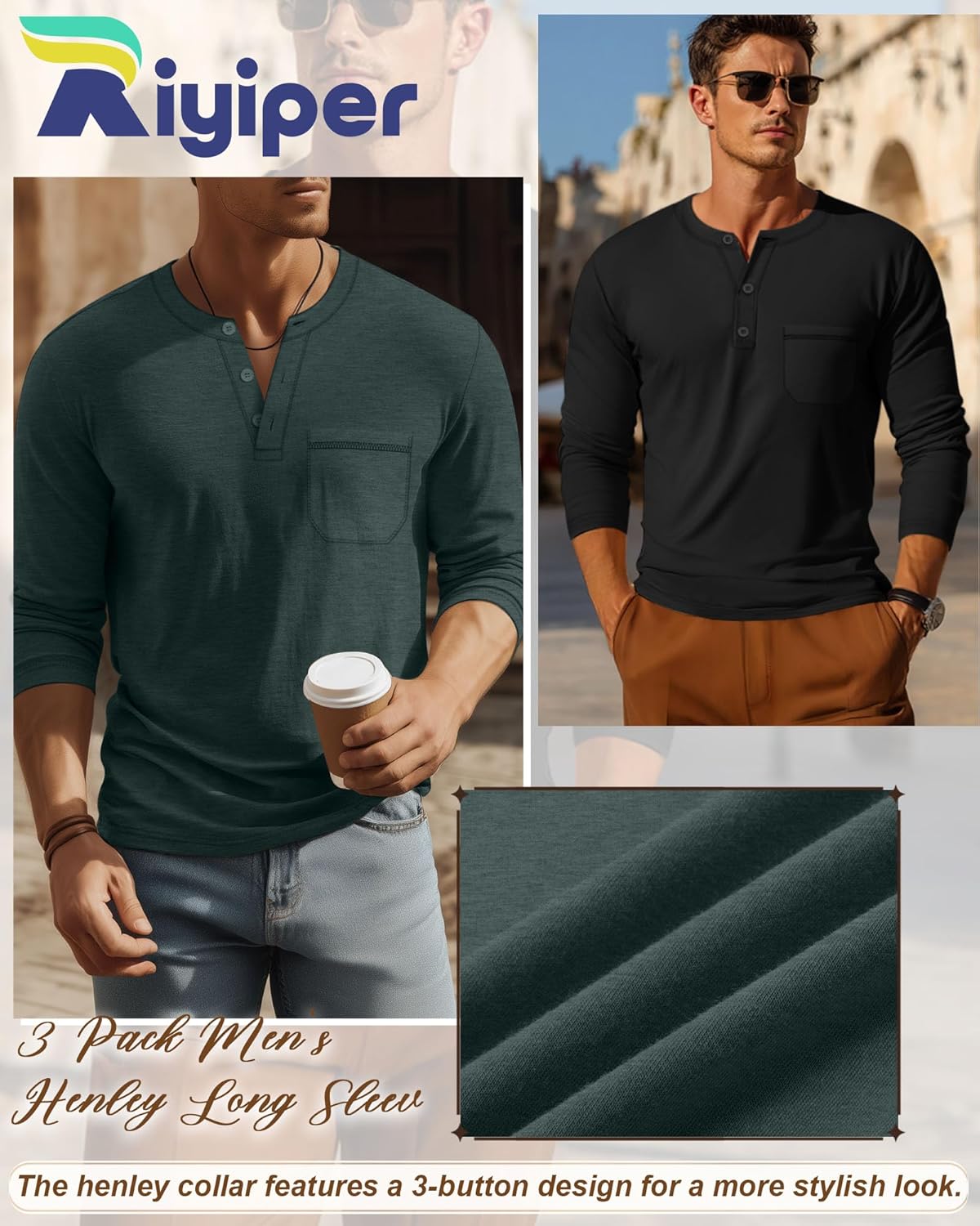Riyiper 3 Pack Men's Big and Tall Henley T-Shirts Cotton Long Sleeve Pocket Tee Shirts Loose Casual 3-Button Basic Tops L-5XL - Image 2