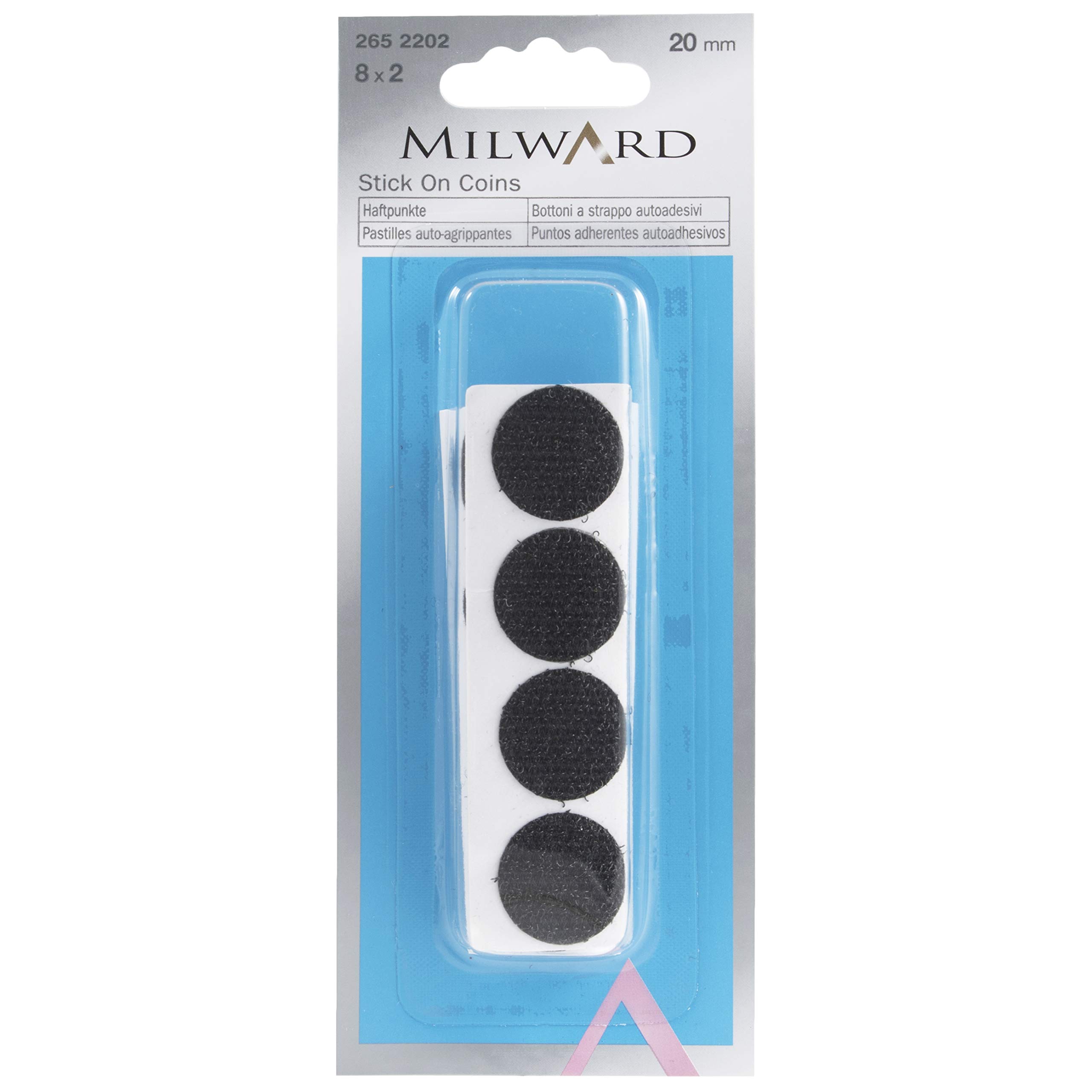 Milward Black Hook & Loop Dots, Stick-On, 8 Sets Of 20Mm,