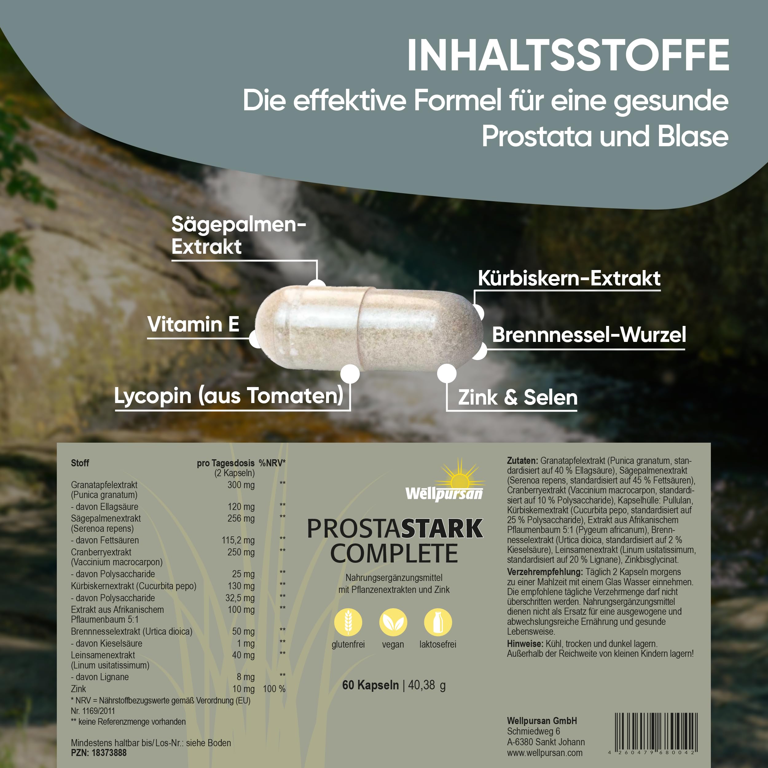 Wellpursan Prostastark Complete – 2 x 60 Stück Prostata Kapseln mit Granatapfel, Sägepalme, Kürbiskernextrakt & Zink – Hochdosierter Pflanzenkomplex – Vegan, glutenfrei & hergestellt in Österreich