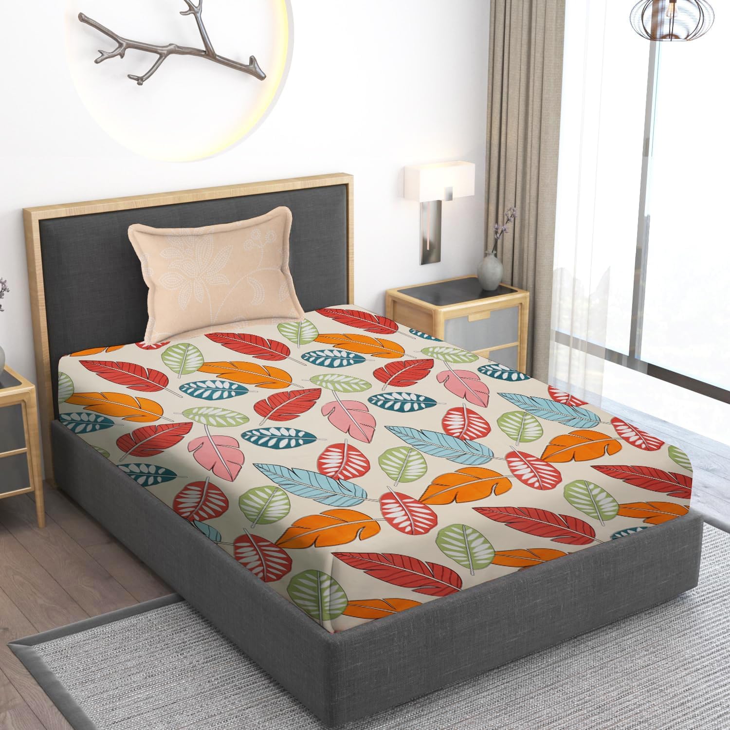 Home Stylish 280 TC Floral Print Ezyption Cotton 1 Single Bedsheet with 1 Pillow Cover 90x60 Inch Apricot