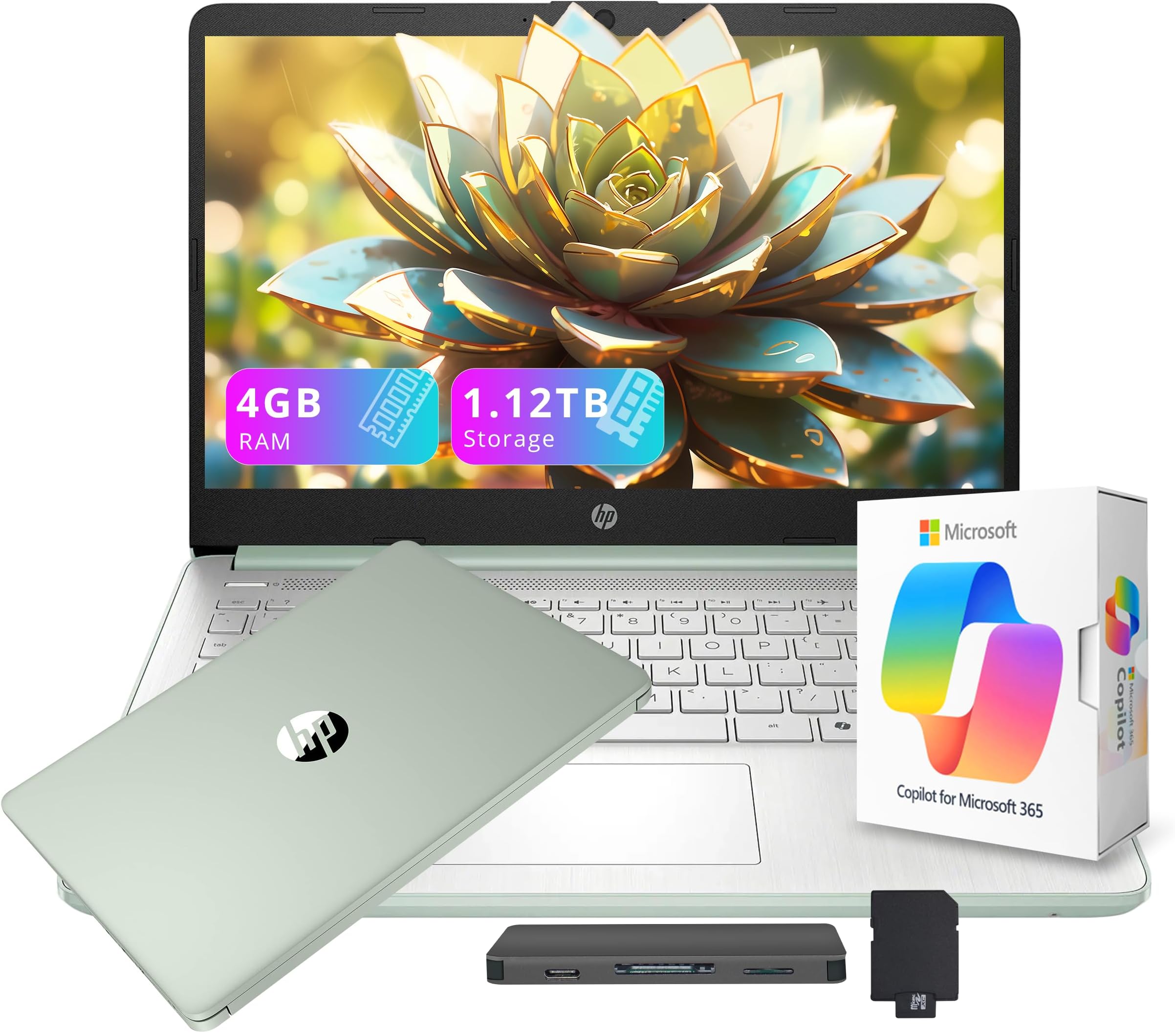 HP Flagship 14" HD Student&Business Laptop with AI Copilot, 13th Gen Intel 4-Core, 4GB RAM, 1.12TB Storage (128GB UFS + 1TB Docking Station), 1 Year Office 365, Wi-Fi 6, Win 11 S, Willow Green