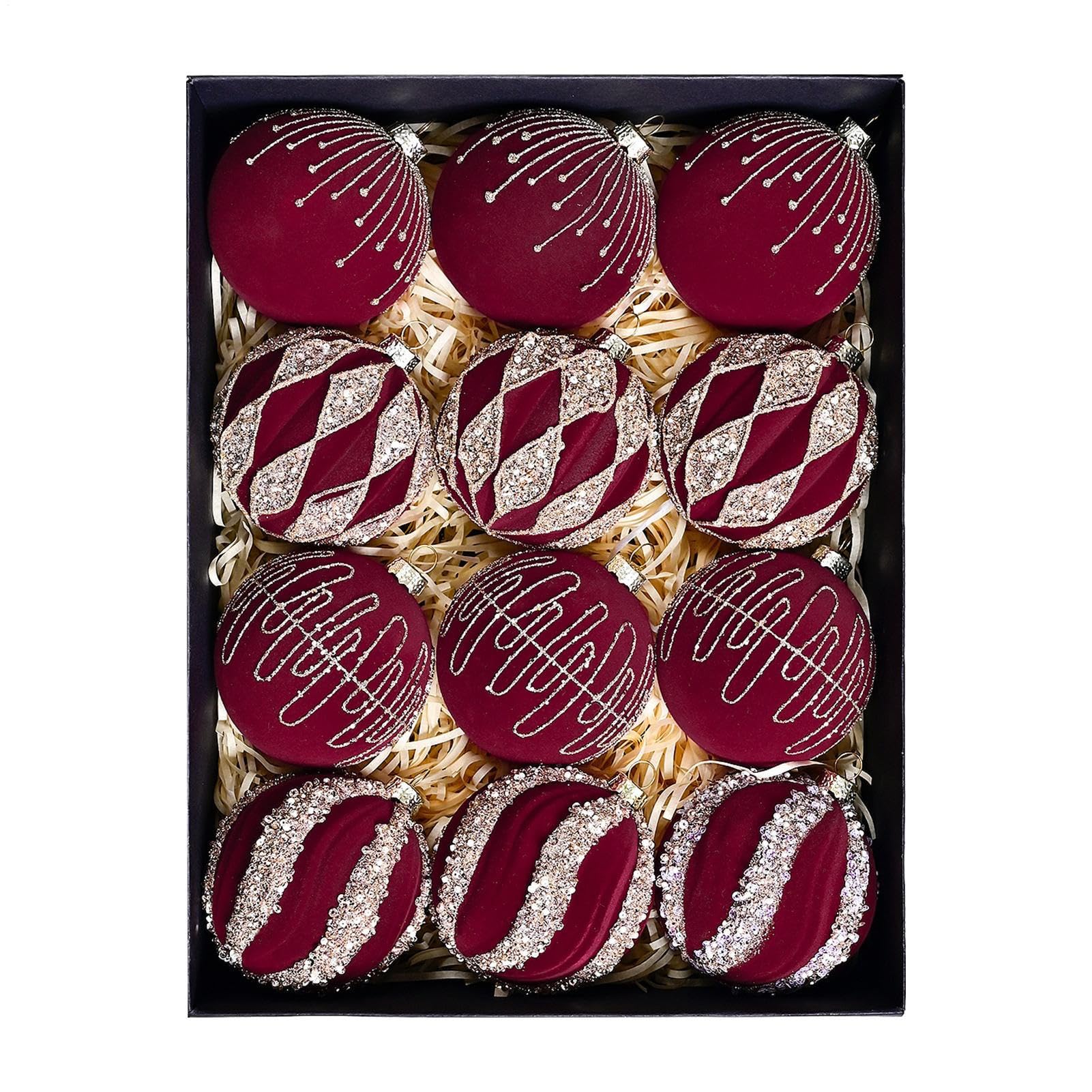 Boules de Noël en velours et ornements floqués : kit de 12 suspensions pour décoration festive