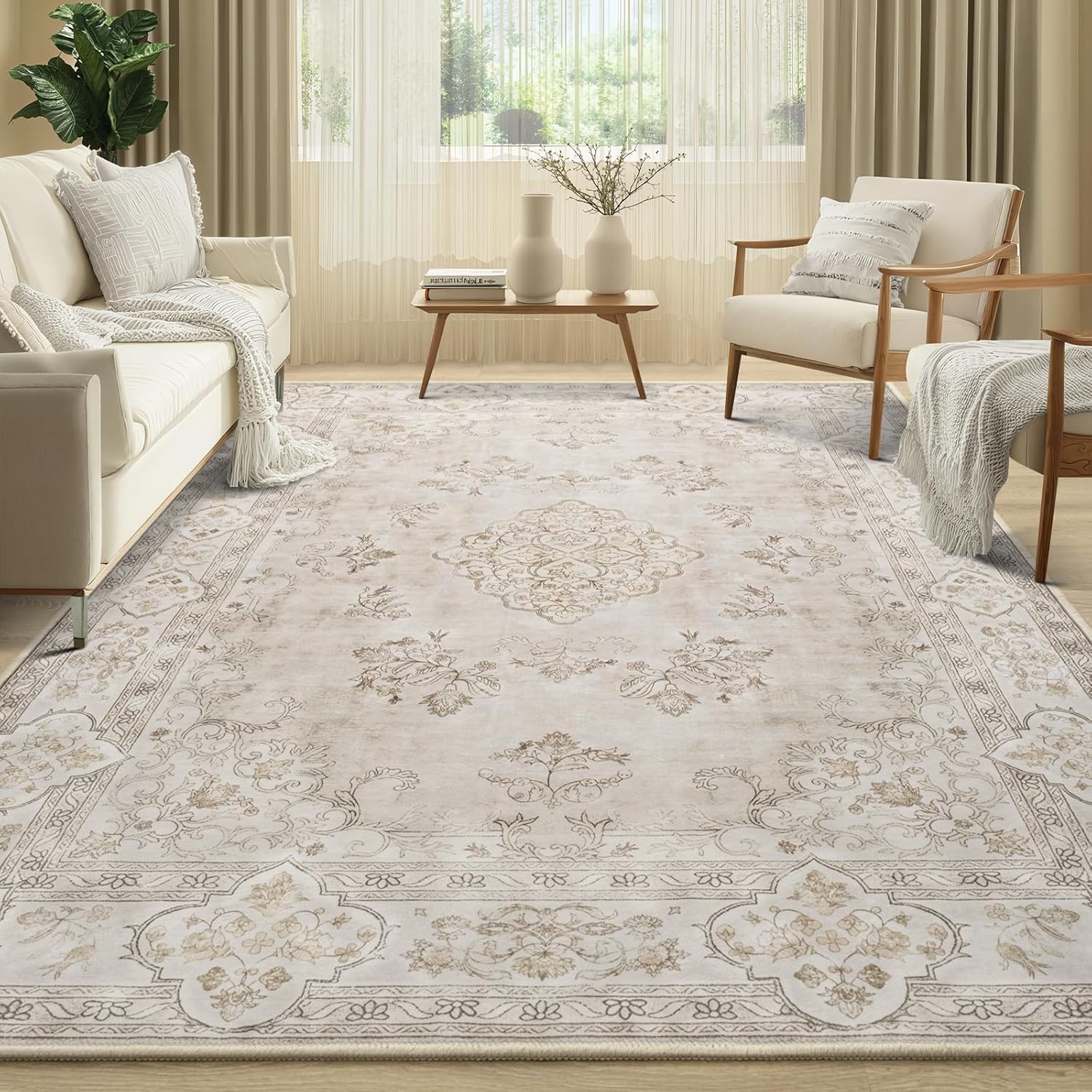 kelarea area rug for living room, 6x9 washable rug non slip boho brown rugs carpet, floral rugs for living room, bedroom, dining room, kids playroom