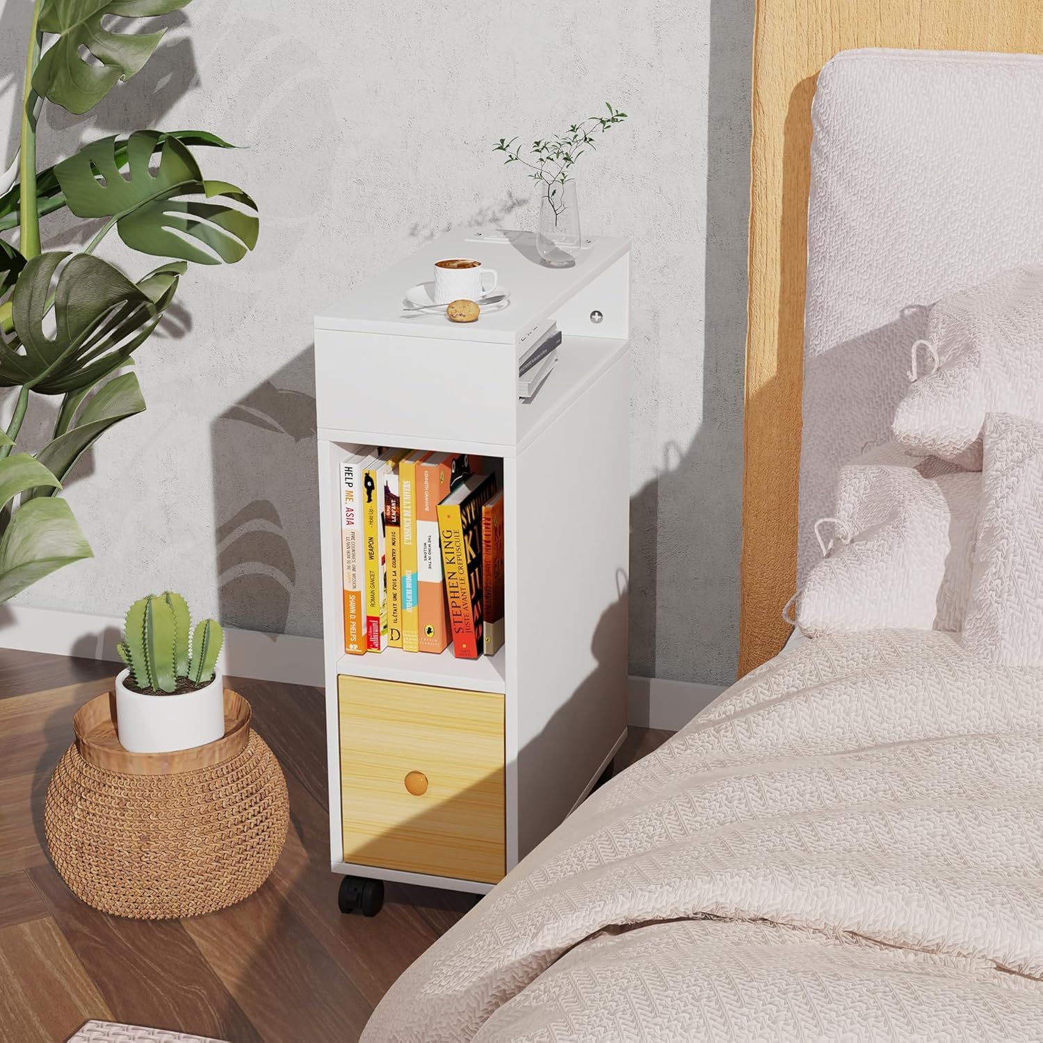 Comodino Stretto Alto con Ruote e 2 Scomparti 25x50x70cm Blanc