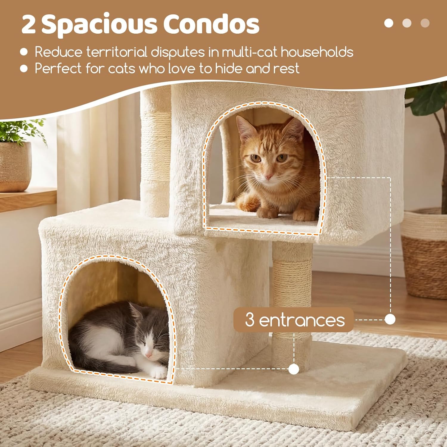 DORTALA Cat Tree for Indoor Adult Cats & Kittens, 25.5" Modern Cat Tower with 2 Condos, Top Perch, 3 Caves, Sisal Scratching Post, Pet Climbing Furniture Activity Center (Beige)