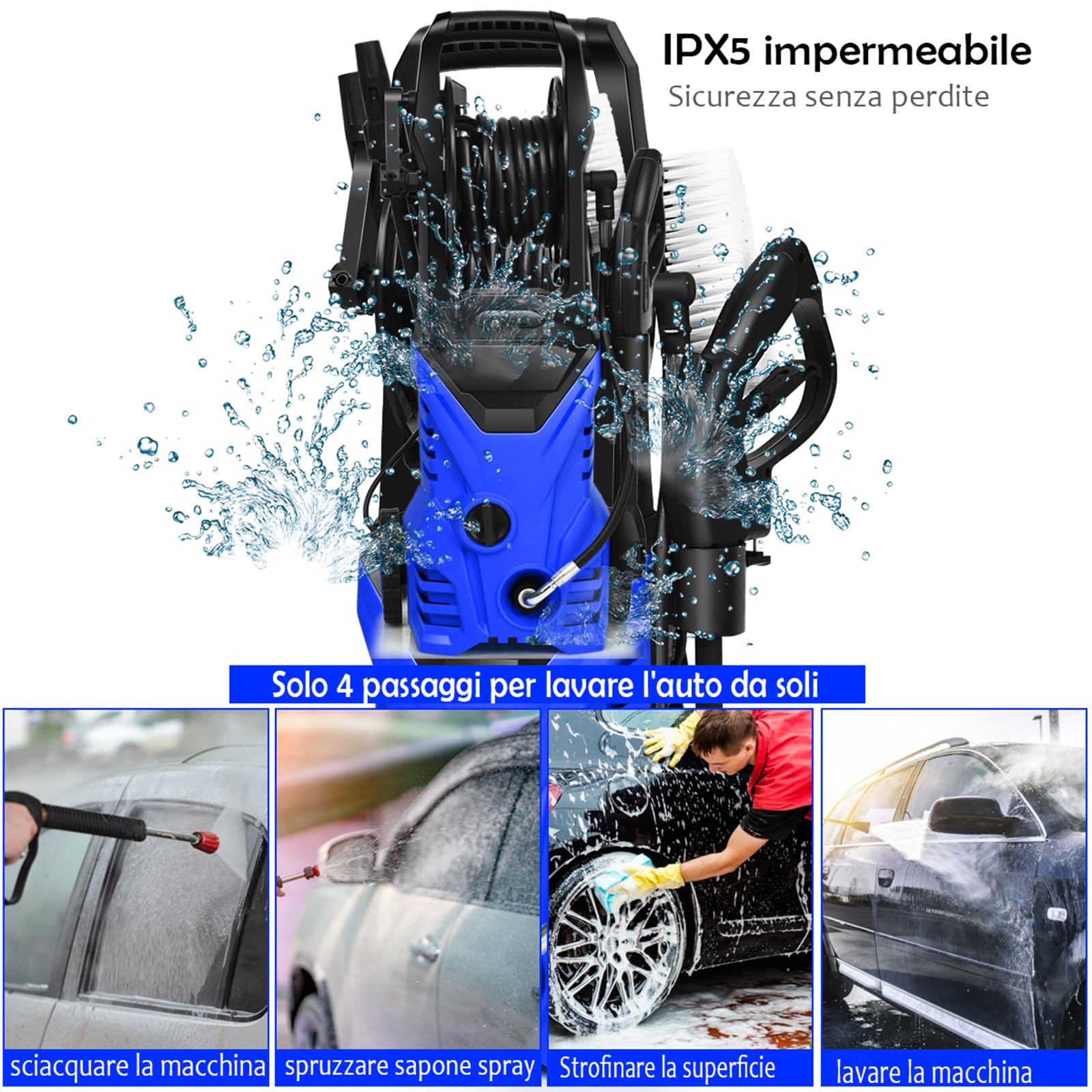 COSTWAY Idropulitrice con 2030 PSI, 5L / Min Idropulitrice Portatile con Ugello Lotus e Ugello ad Alta Pressione, Cavi e Tubi Più lunghi, Adatto per La pulizia di Giardini, Auto,Case(blu)