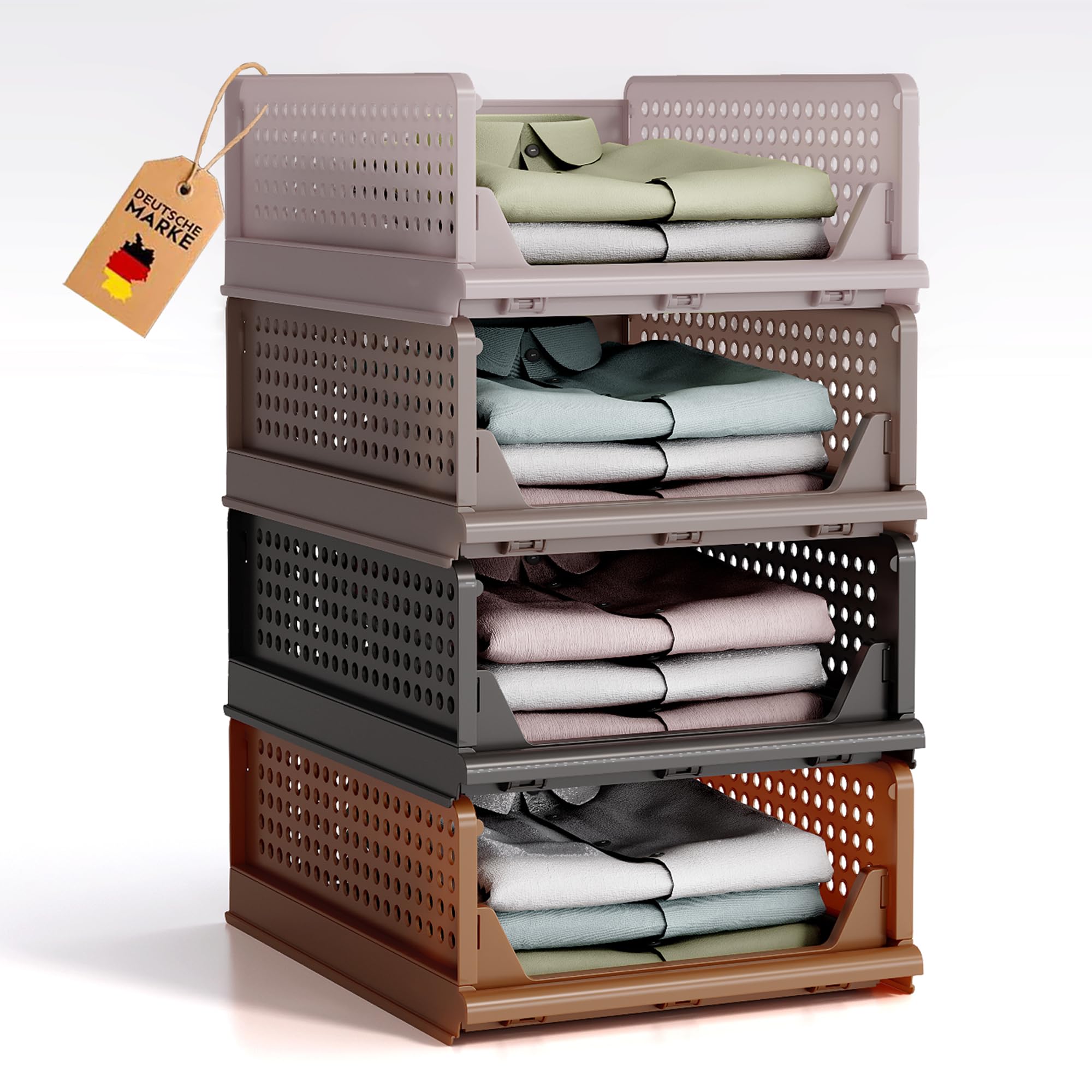 RMAN 4 stuks Kledingkast organizer stapelbare opbergsysteem voor kleding opvouwbaar met plastic garderobe organizer hard voor ondergoed, T-shirts, jeans, broeken, wit