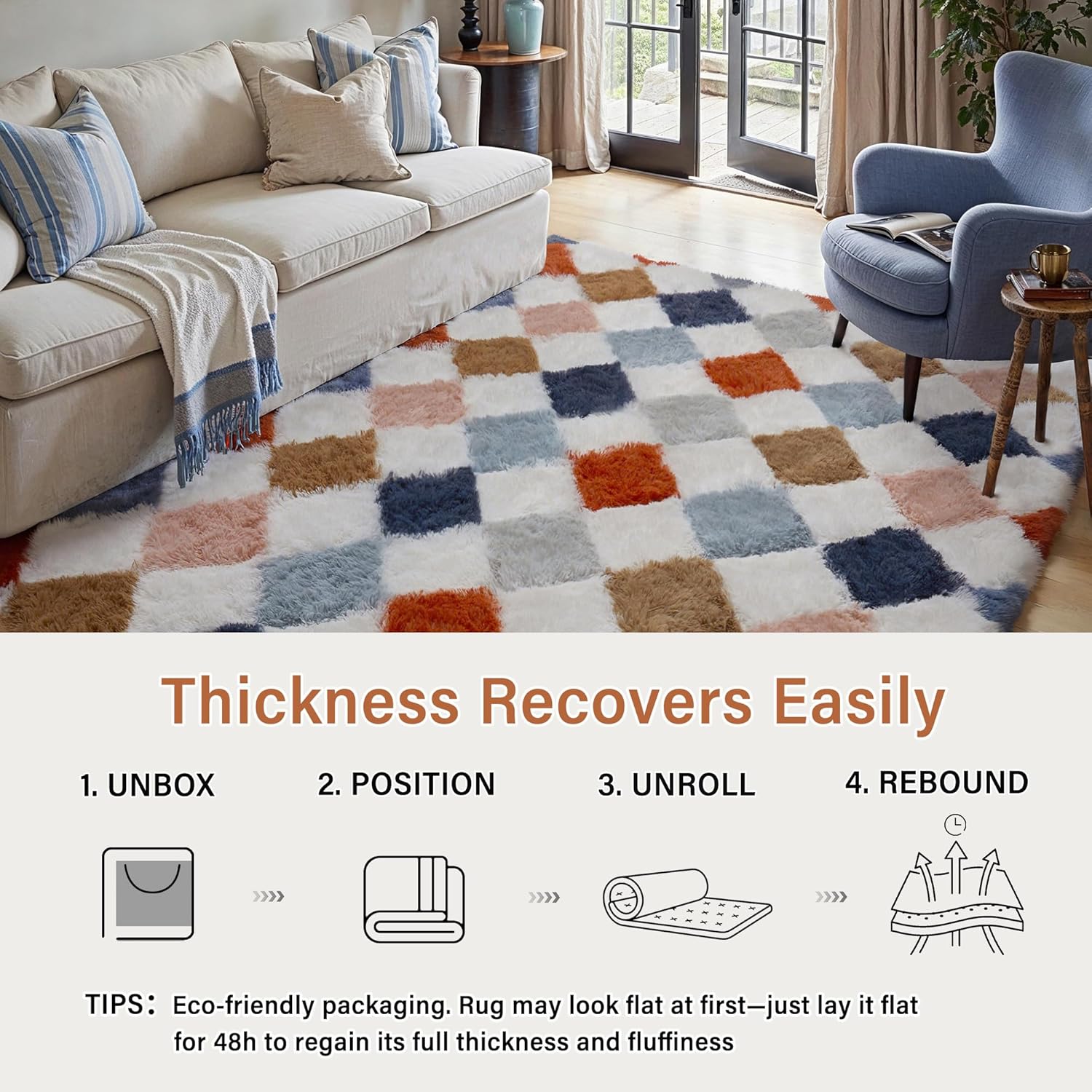 8x10 Checkered Rug for Living Room Rainbow Soft Fluffy Shag Area Rug Bedroom Modern Plush High Pile Non Slip Fuzzy Carpet for Aesthetic Home Decor