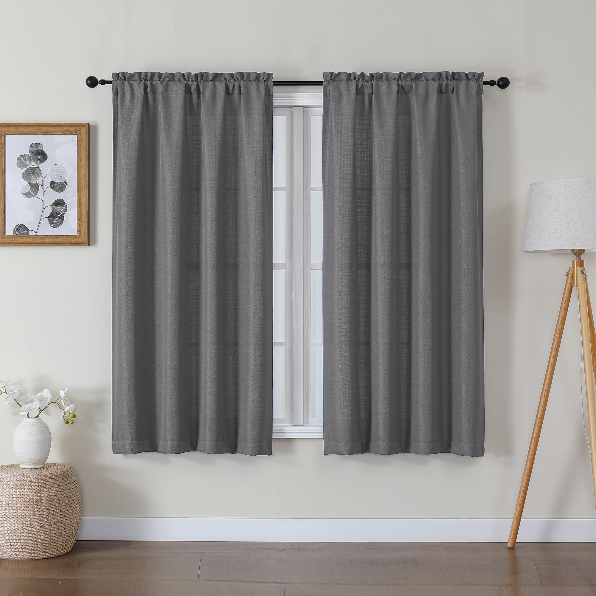 Lecloud Bessie Dark Grey Curtains 54 Inch Length 2 Panels Set, Light Filtering Faux Linen Textured Window Curtains, Rod Pocket Curtain Drapes for Bedroom Living Room, Each 30 W x 54 L