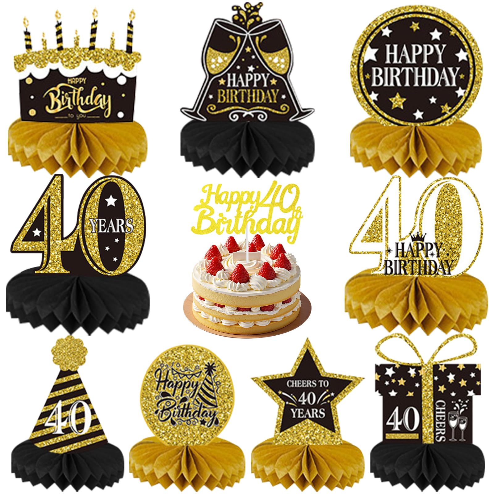 40th Birthday Table Decorations Centerpieces, 10pcs Black Gold Honeycomb Centerpiece Table Decoration and Cake Toppers for Men Women 40th Birthday Party Honeycomb Table Supplies