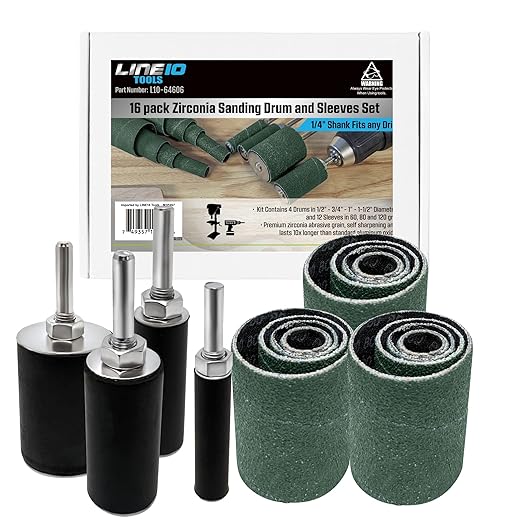LINE10 Tools 16pk Zirconia Sanding Drum and Sleeves Set, Spindle Sander Attachment for Drill and Drill-Press, Die-Grinder, 2-inch Extra Long Surface, Ideal for Knife Making, Works on Stainless Steel
