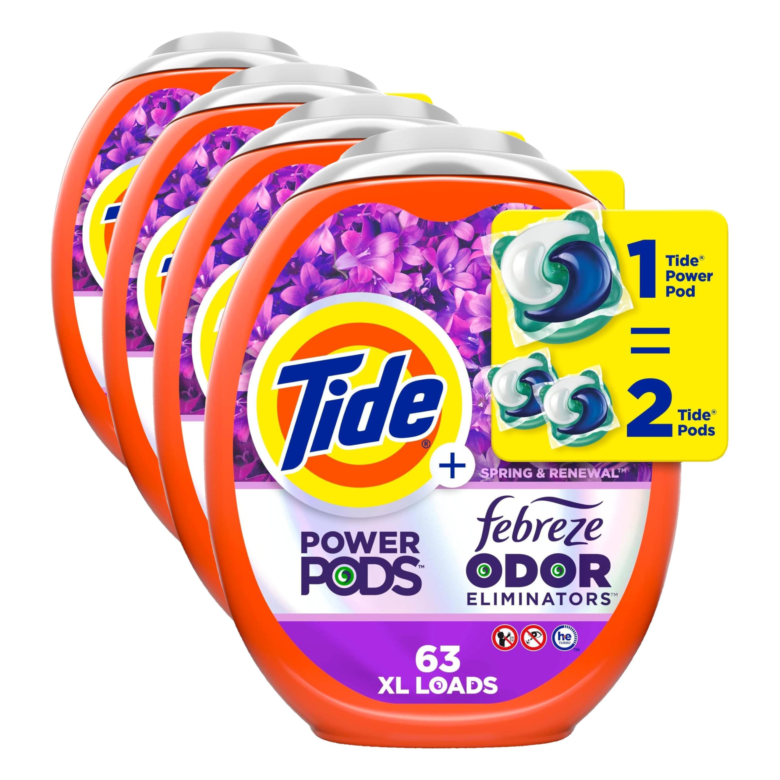 Tide Power Pods with Febreze Laundry Detergent Pacs, 63 Count, Spring &amp; Renewal Scent, All-Day Freshness (Pack of 4)