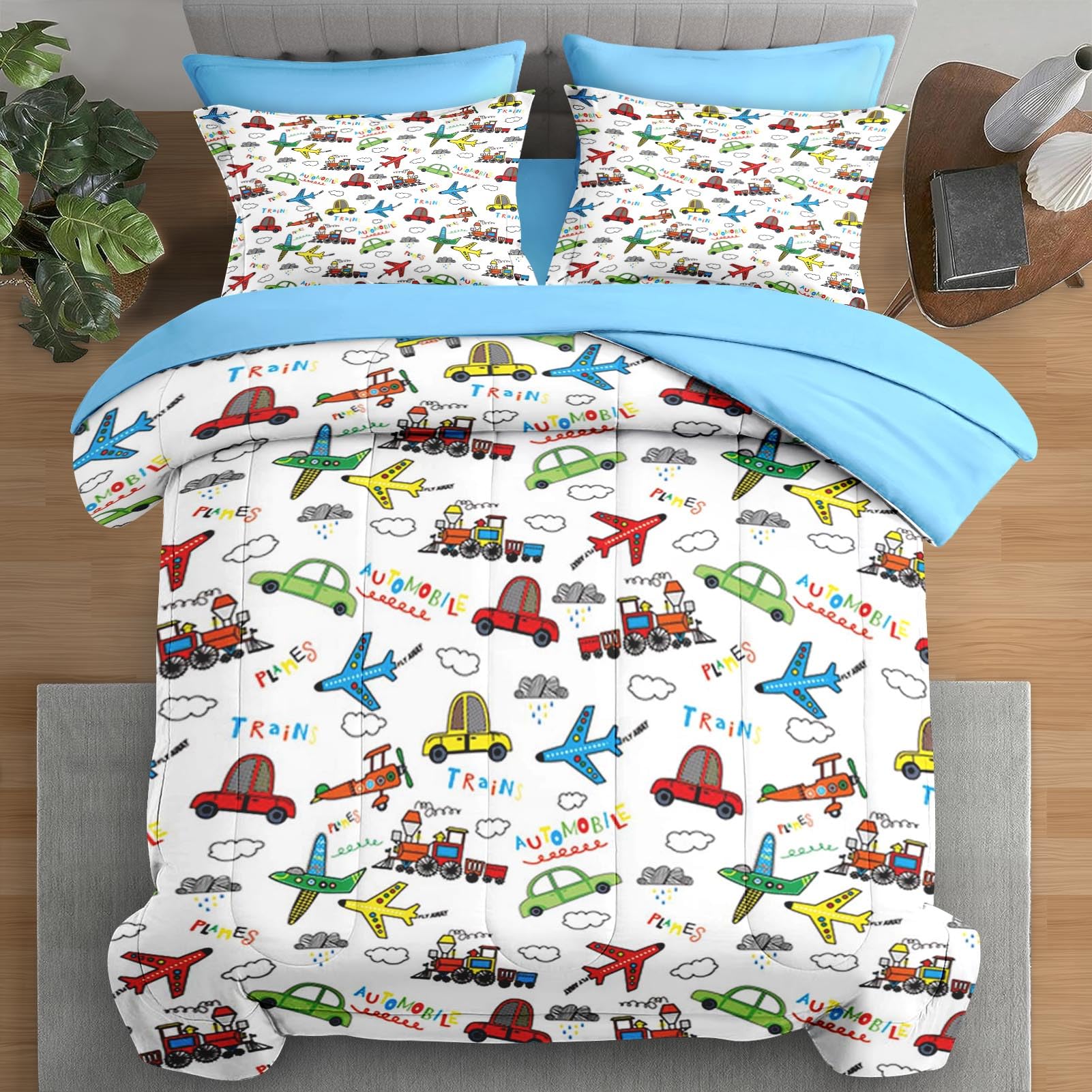 Pamnest Comforter Set Twin Size, Car Fire Cute 5 Pcs Bedding for Kids and Adults, Aircraft Fighter Bed Sheet Sets with Fitted Sheet Pillowcase & Sham for Bedroom Bed Decor