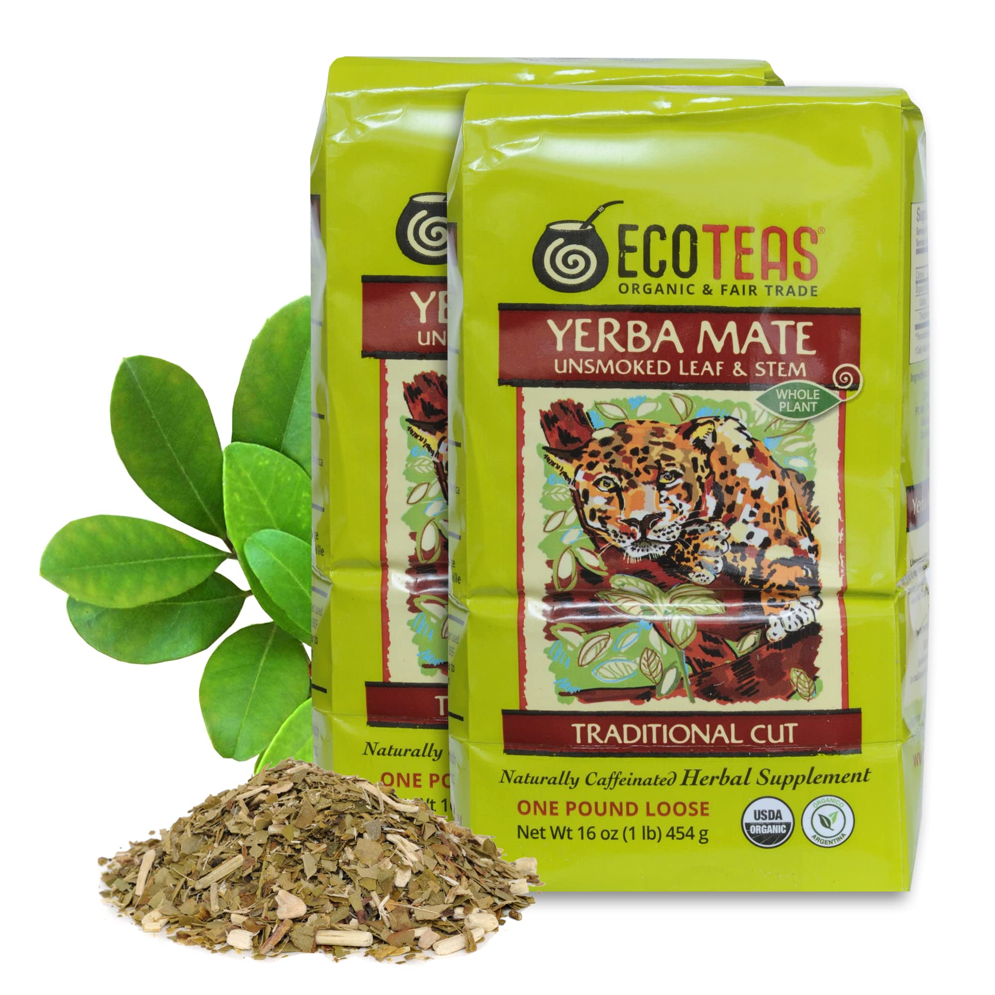 ECOTEAS Organic Yerba Mate Loose Leaf Tea – Unsmoked Detox Herbal Tea for Natural Energy – Coffee Alternative - Kosher, Non-GMO, Gluten-Free - Traditional Cut, 1 lb (Pack of 2)