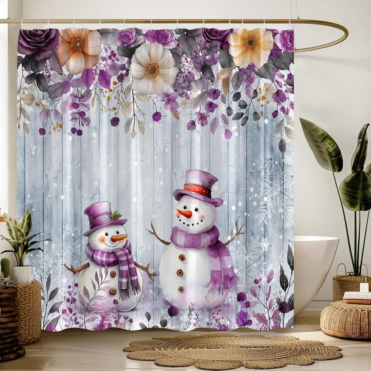Christmas Snowman Shower Curtain Cute Winter Snowflake Leaves Floral Farmhouse Wood Board Botanical,Purple 70" Wx84 H Fabric Bathroom Decor Curtain with Hooks