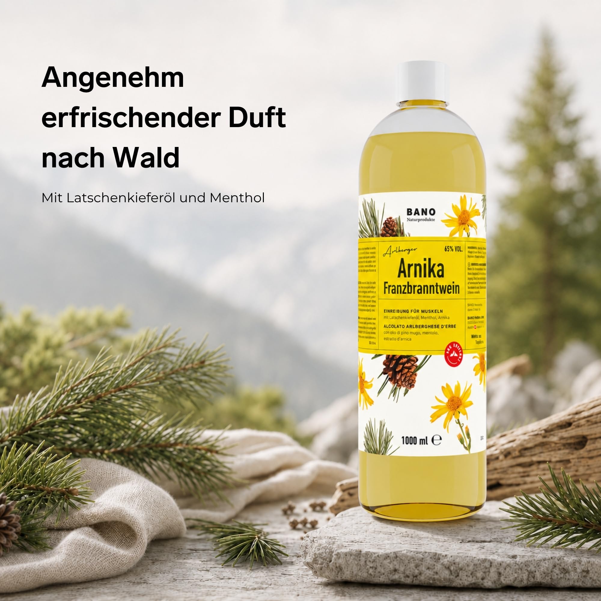 BANO Tiroler Arnika Franzbranntwein 1000ml, Ideal vor und nach Sport, sowie bei Muskelkater, zum Kühlen schwerer Beine, enthält 65% vol. Alkohol, Latschenkieferöl, Menthol und Arnikaextrakt