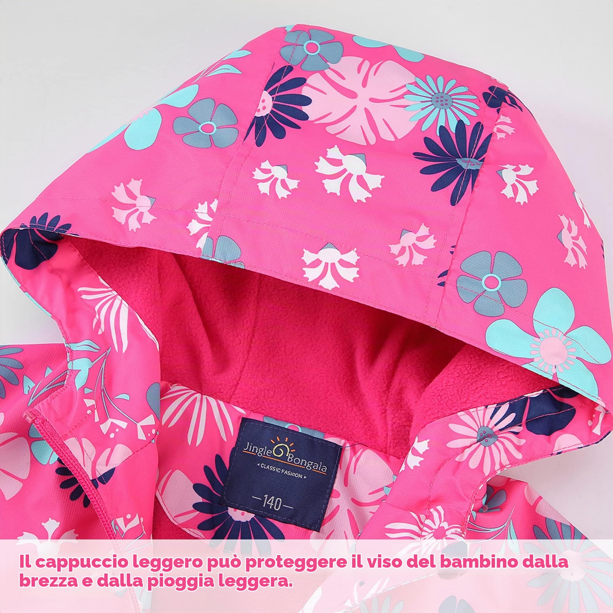 Fewlby Giacca Impermeabile con Cappuccio, Bambini Giacca a Vento Impermeabile con Cappuccio Cappotto Foderato in Pile Ragazze Capispalla, 6-7 Anni