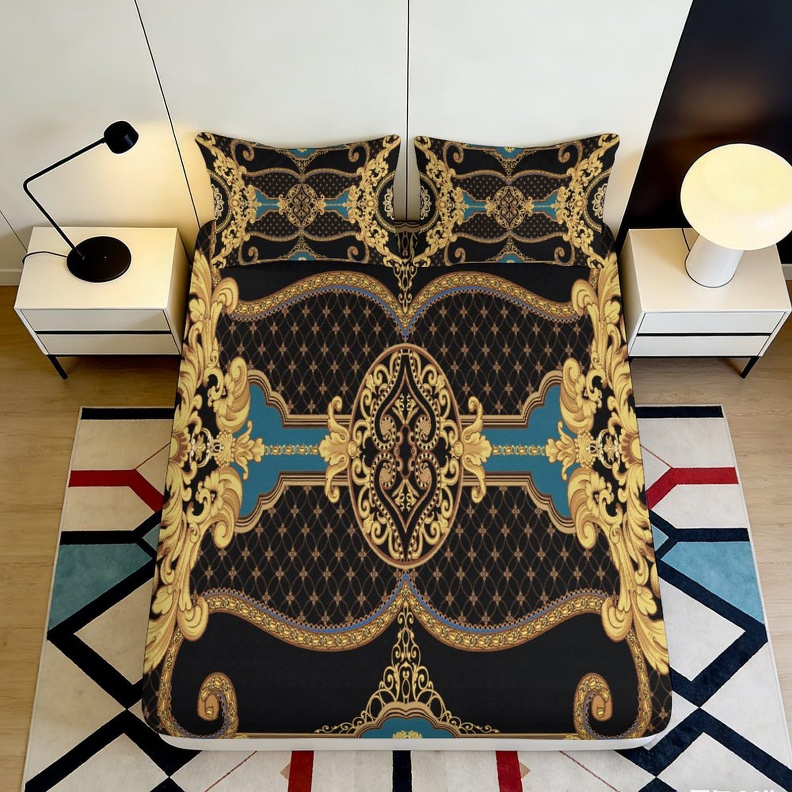 3D Printed Baroque Ornate Fitted Sheet Microfiber Soft Breathable Vintage Pattern Bed Cover for Bedroom Decor 90x200x25cm