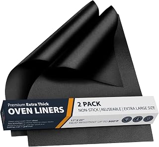 Linda's Essentials Oven Liners 2 Pack - Heavy Duty Non-Stick Mats 17x25 Inch Reusable for Electric Gas Ovens Grills - BPA PFOA Free Black