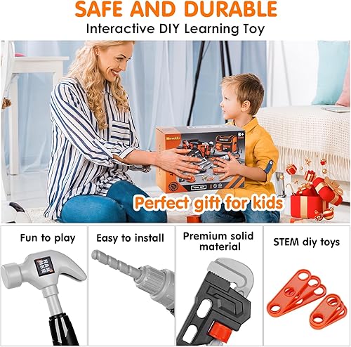Miniatura 7 de Juego de herramientas para niños 48 piezas de juguetes para niños pequeños con taladro de juguete electrónico, bolsa de herramientas, cinturón de