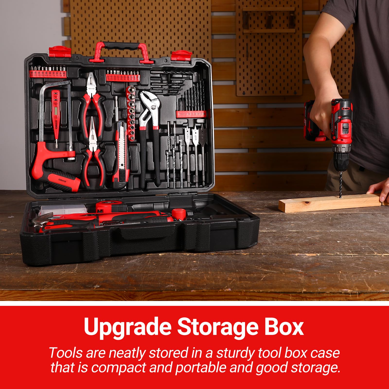 186-Piece Tool Box with Cordless Screwdriver: DEKO Tool Box with