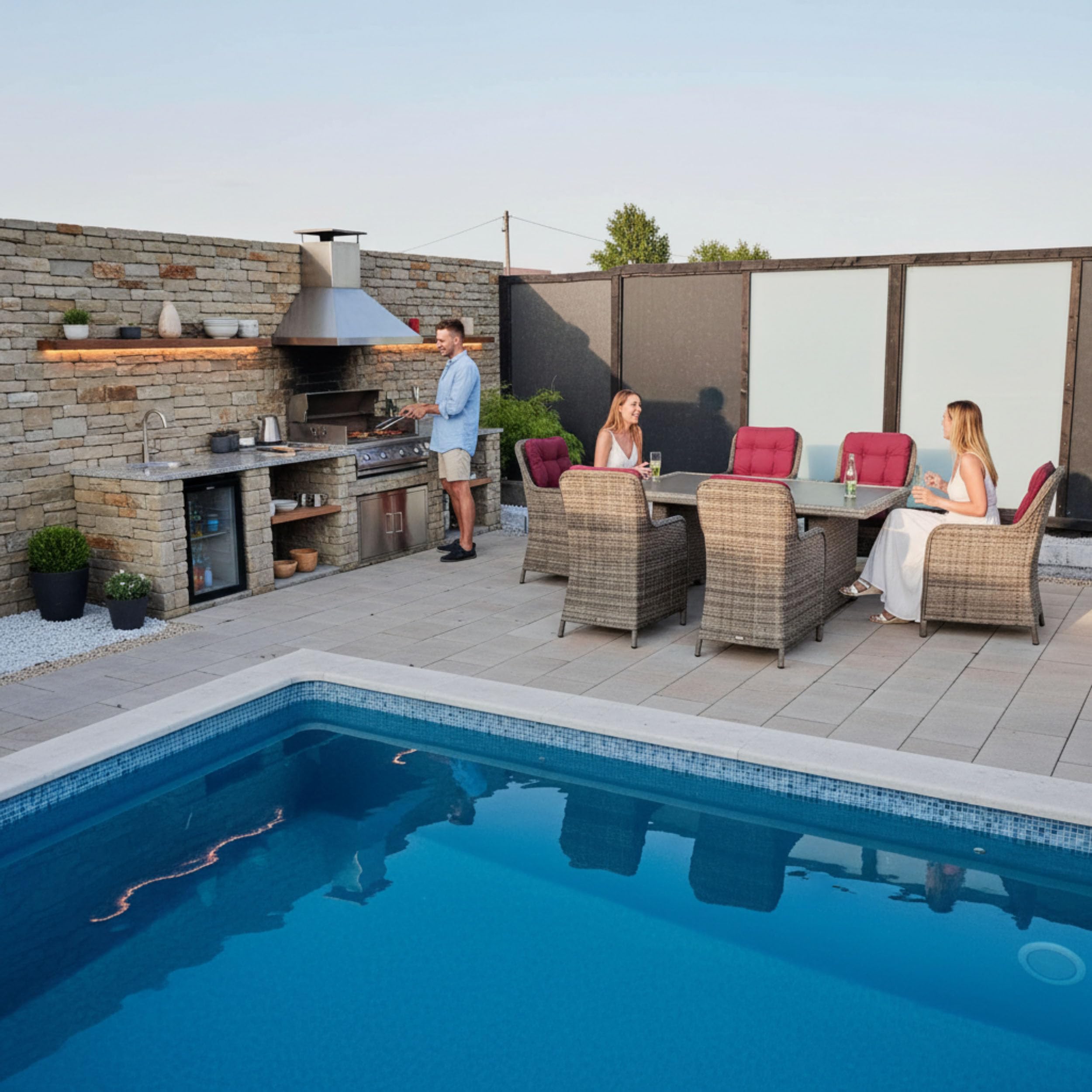 RAGNARÖK PolyRattan - Deutscher Hersteller - Gartenmöbel Essgruppe Tisch 6 Sessel 12 Polster Rostfrei Aluminium Naturfarbene Garnitur (Doppelhalbrund-Rattan) + Polster Weinrot, Glas Schwarz