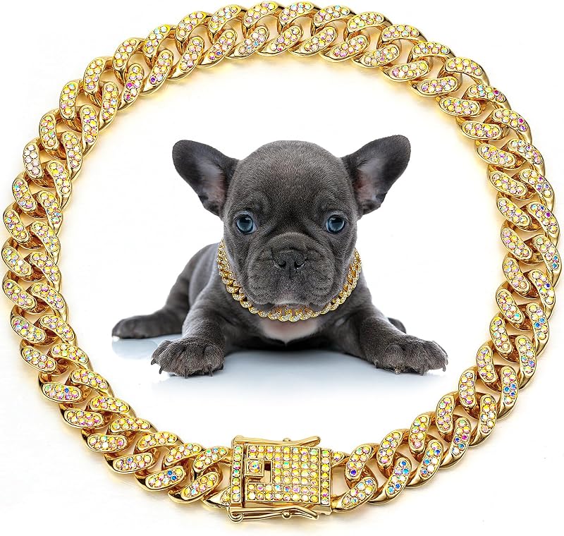 Coleira para Cães e Pequenos Animais em Corrente Cuban Link com Cristais, LEIFIDE, 12 mm, 50,8 cm, Gold, AB Color