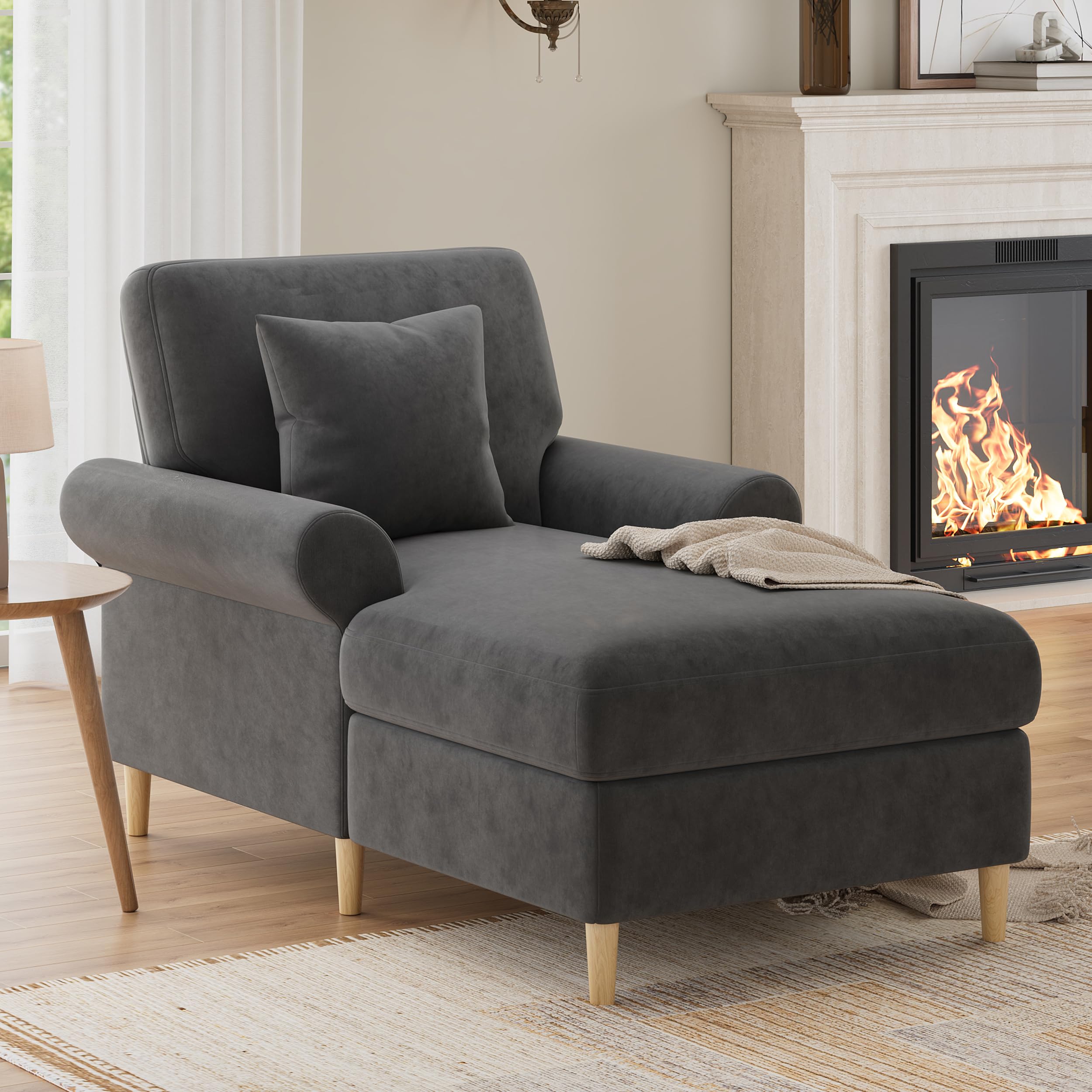 Zepneiy - Sofá de 1 plazas con acolchado y chaise longue plegable cómodo, puf para salón y dormitorio, terciopelo gris