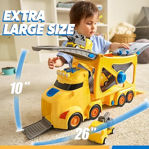 Miniatura 2 de Camiones de juguete extra grandes para niños pequeños, camiones de construcción de 3 capas para niños, camión de carga grande 7 en 1 con sirena y