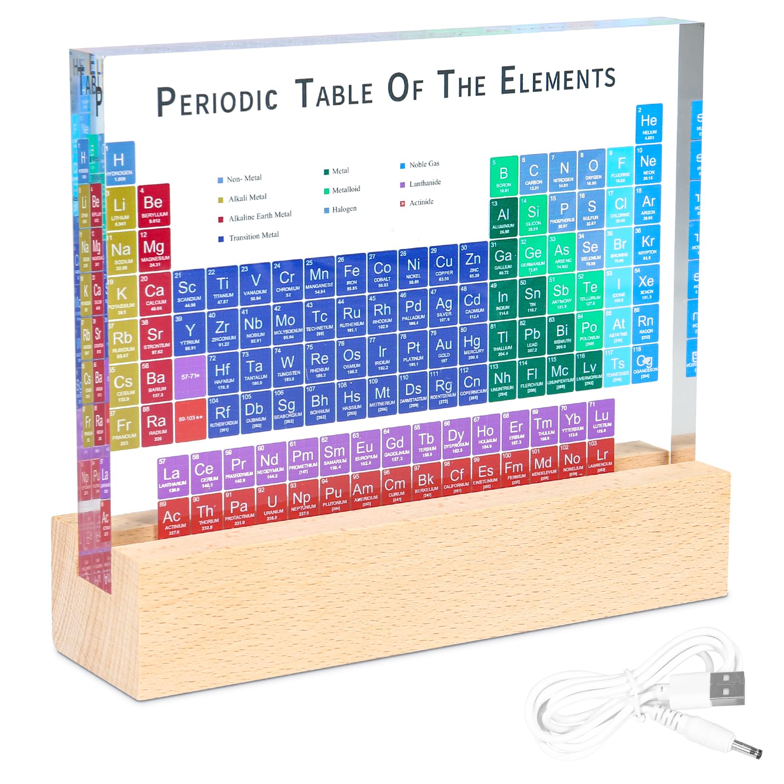Acuxiaza Tavola periodica degli elementi: esposizione periodica da tavolo in acrilico con luci a LED colorate base, decorazione artigianale, strumento di insegnamento regalo per bambini