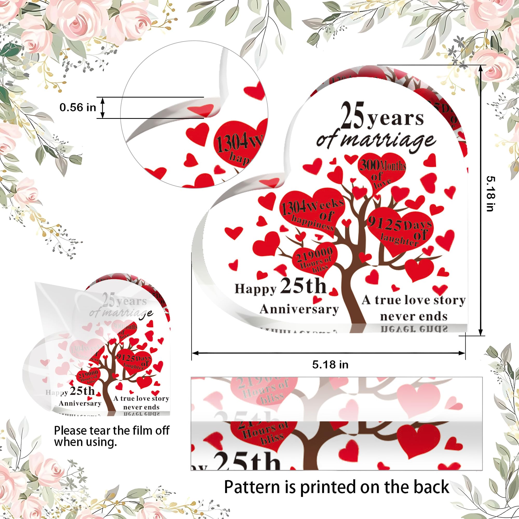 25th Wedding Anniversary Heart Shaped Acrylic Plaque Present with Sayings Ornament for Wife Loved Special One Men Women Couple Parents Gift Souvenir Marriage Keepsake Home Decoration - Image 2