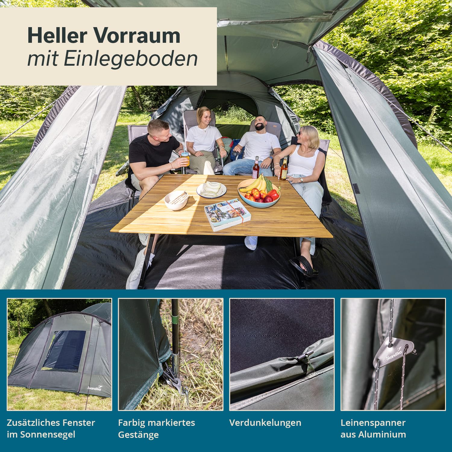 Skandika Kuppelzelt Västervik 5 | NEUES Modell 2024, Camping Zelt 5 Personen mit Vorraum, eingenähter Zeltboden, wasserdicht, 195 cm Stehhöhe, 3000 mm Wassersäule, 3 Eingänge | Familienzelt