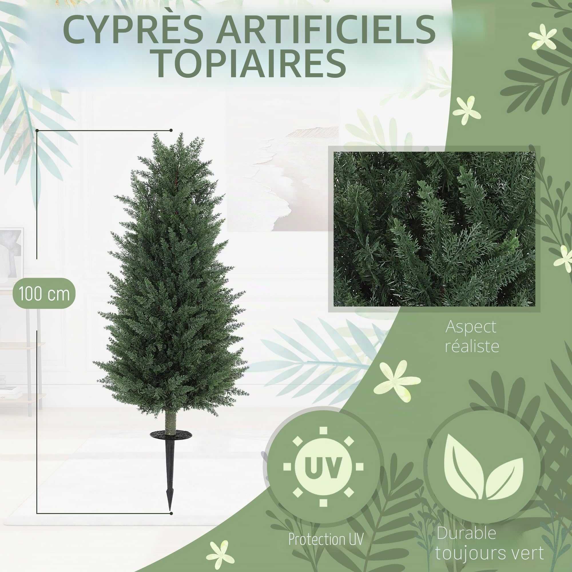 HOMCOM Lot de 2 cyprès artificiels 100cm avec Piquet au Sol en Plastique