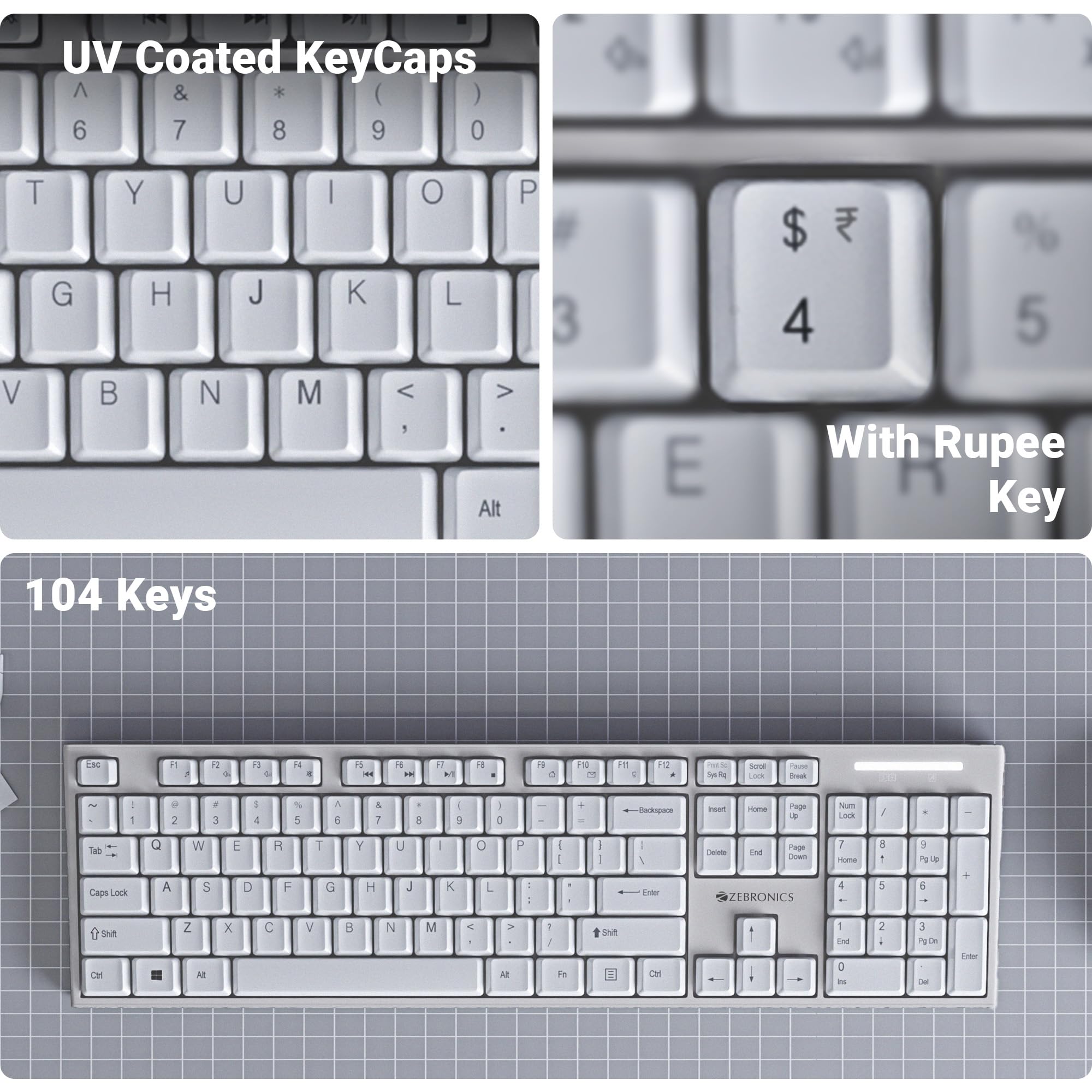 Zebronics Wireless Keyboard & Mouse Combo - White & Grey -3