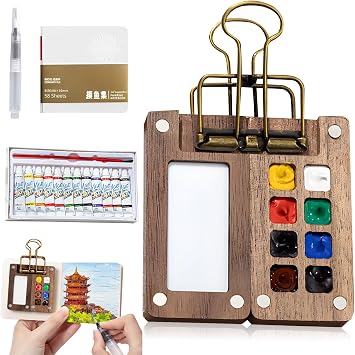 Pocket Watercolor Sets with Paint, Brush, Sketchbook & Copper Clip 8 Grids