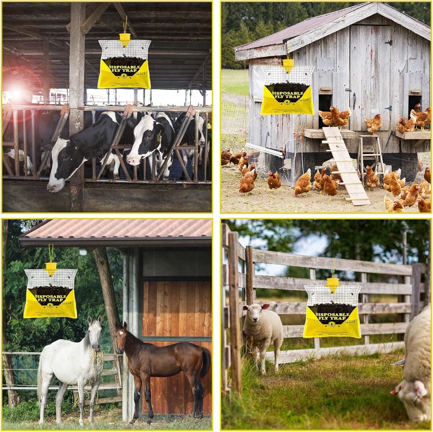 Glovv Fly Traps Outdoor Hanging with Fly Bait, 4 Pack Disposable Bags Hunter Ranch Trap, Flies Control Bug Catcher Killer Repellent for Stable Horse Barn & Farm