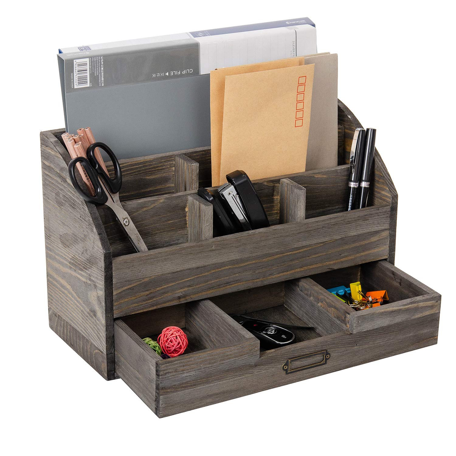 Organizer da scrivania in legno rustico invecchiato con 5 scomparti con 2 cassetti e bancone da tavolo, portapenne, quaderni, cartelle, matite e forniture per ufficio (grigio roccio)