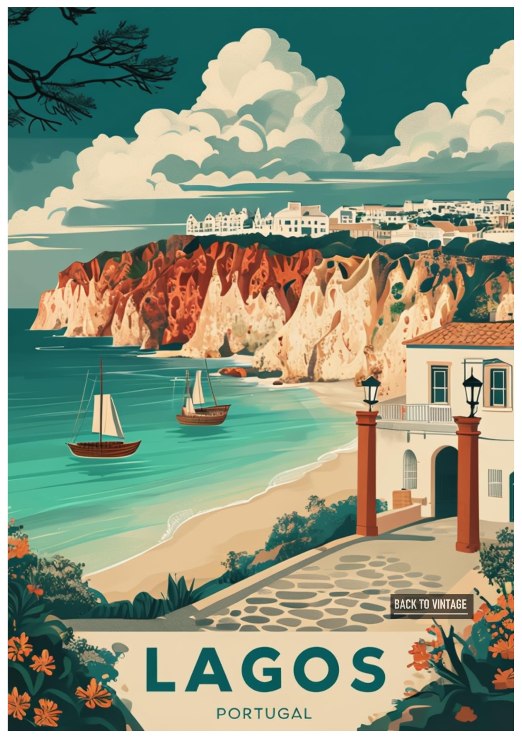 Back To Vintage Multicoloured Vintage Travel Poster Illustration Of Scenic Lagos Portugal - Retro Europe Travel Poster A4 Size Vintage Wall Art Print Of Famous European Destinations Ideal For Home Or Office Decor