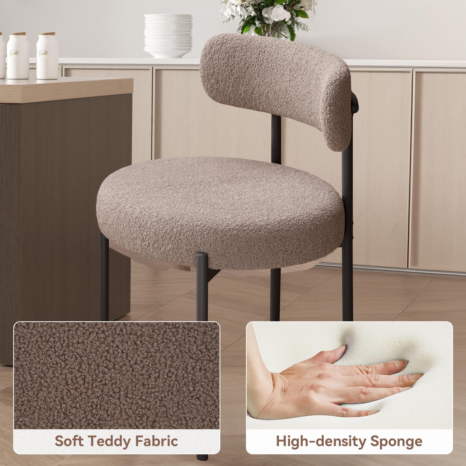 Hawthyhome Esszimmerstühle 2er Set丨Teddy Stoff Runde Boucle Esszimmerstuhl·Mid-Century Gepolsterte Küchenstühle·Stühle Esszimmer mit Metallbeinen·Grau-Braun
