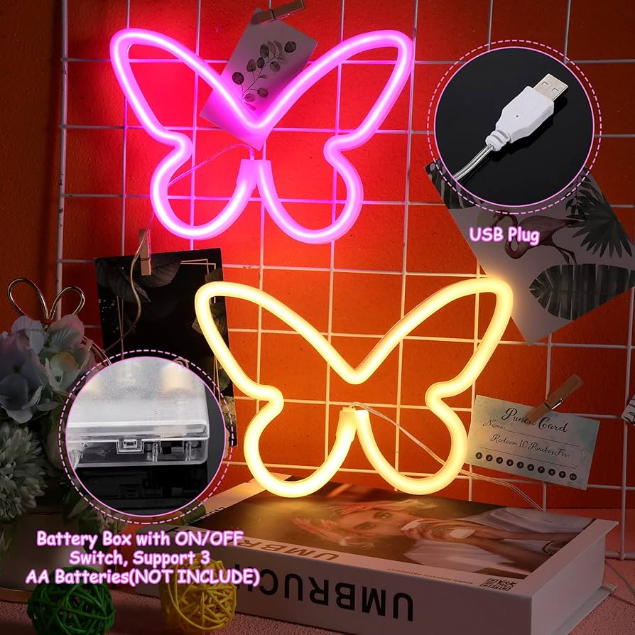 Butterfly Neon Signs For Bedroom Wall Decor, USB/Battery Powered Neon Night Lights, Butterfly Neon Art Lights For Room Decor Kids Room, Girls, Wedding, Party, Bedroom 2PINK