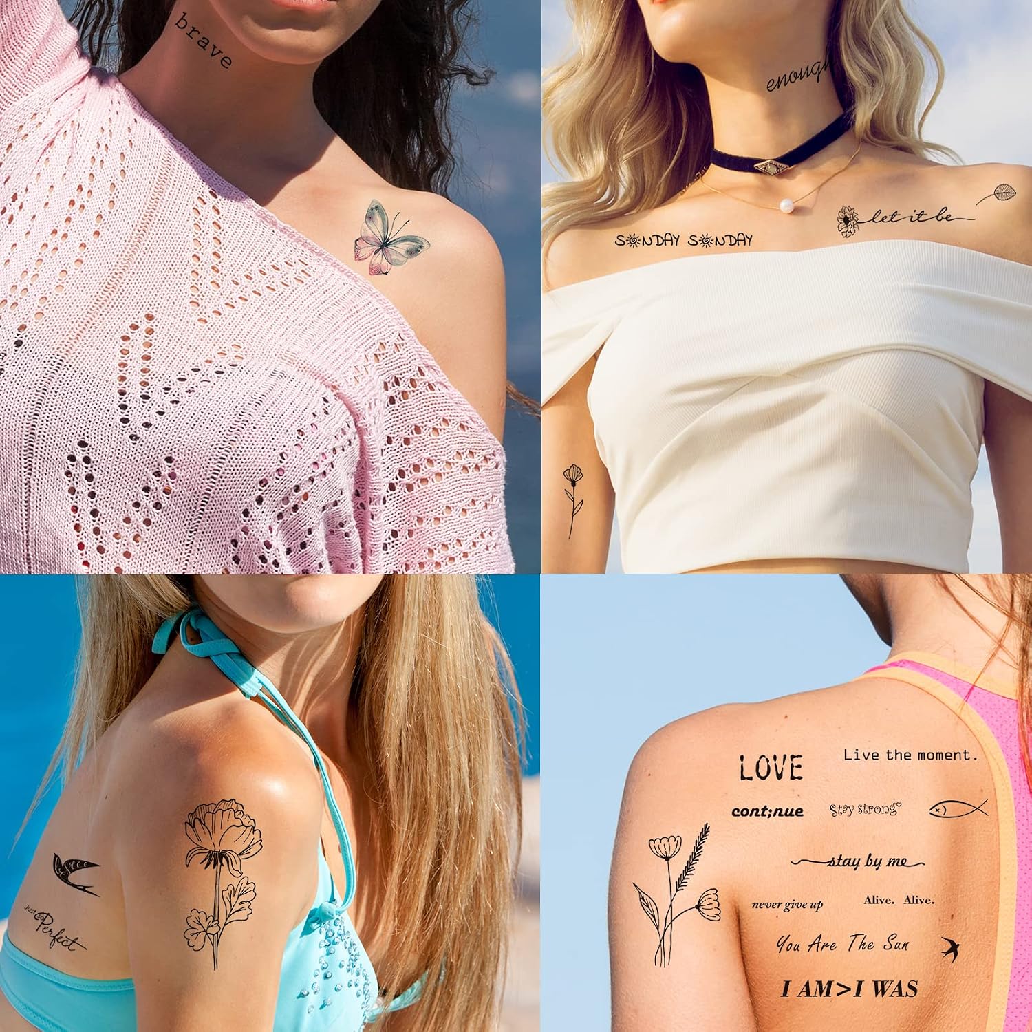 JEEFONNA 100 Sheets Realistic Temporary Tattoos, 240+ Pcs Multicolor Modern Floral & Inspirational Words Tattoos, Waterproof, 3+ Kids
