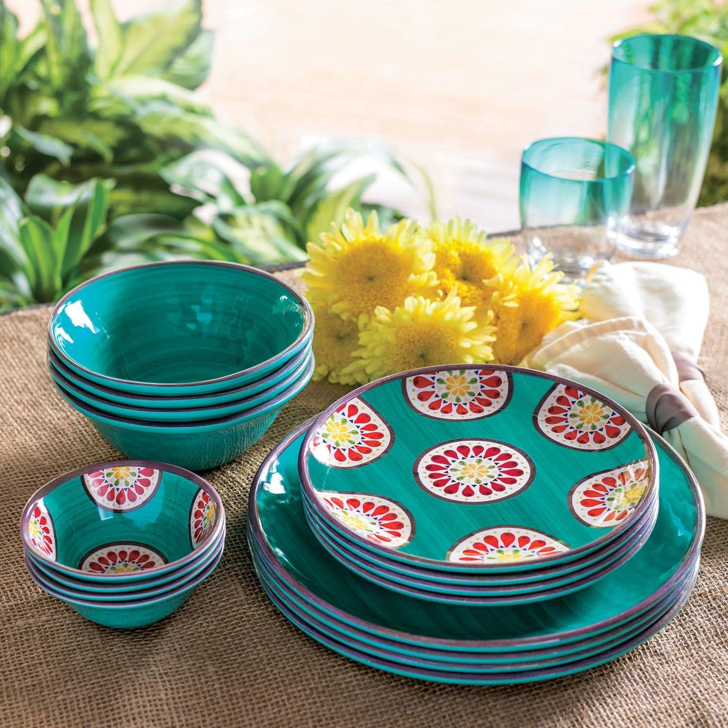 Melamine Dinnerware 16-Piece Set outdoor indoor BPA Free (teal)