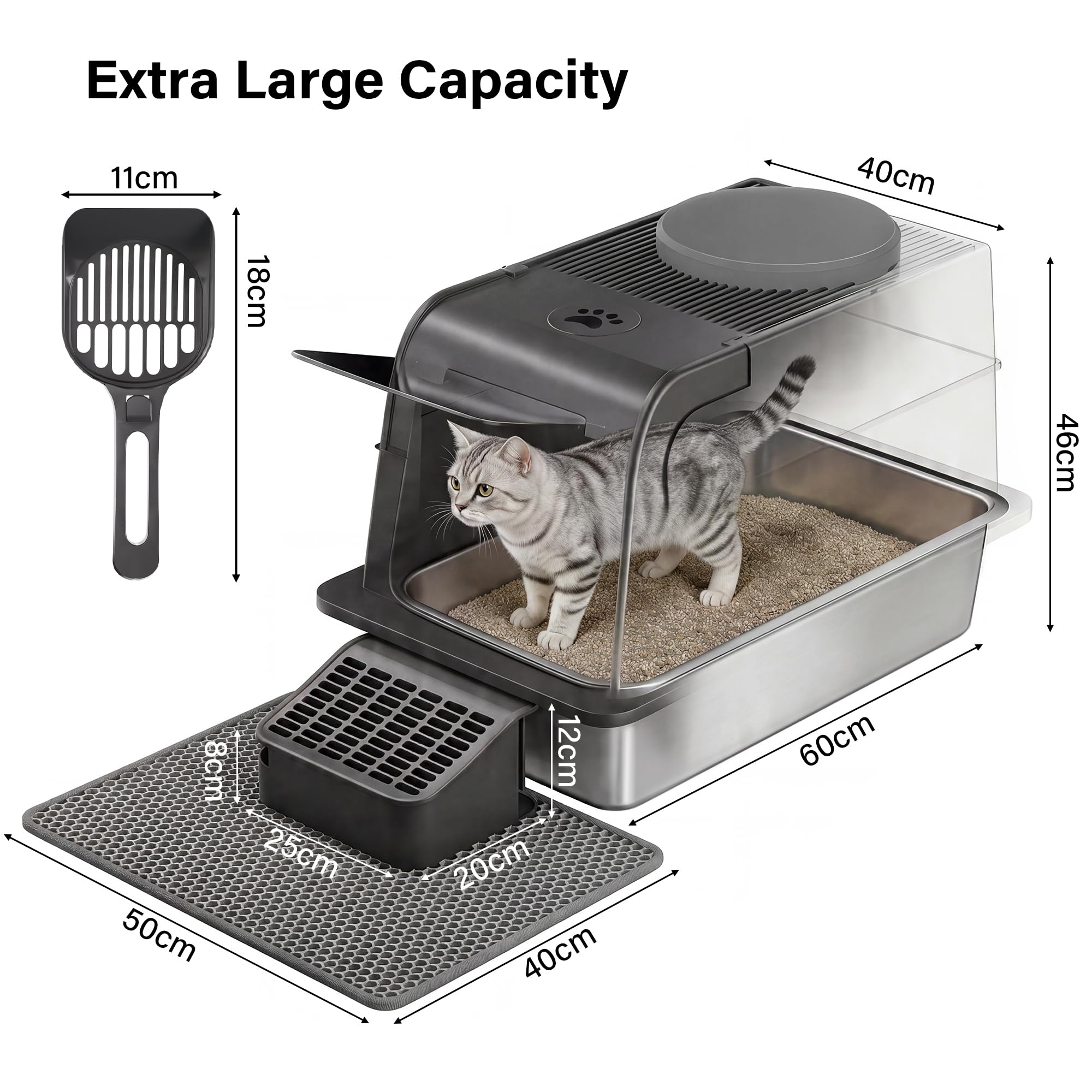 Caja de Arena para Gatos de Acero Inoxidable con Tapa | Bandeja de Arena Cerrada XXL | Sin Olor | Antiadherente | Entrada Frontal y Superior de Doble Puerta | Paso de Pedal de Filtro | Cuchara |